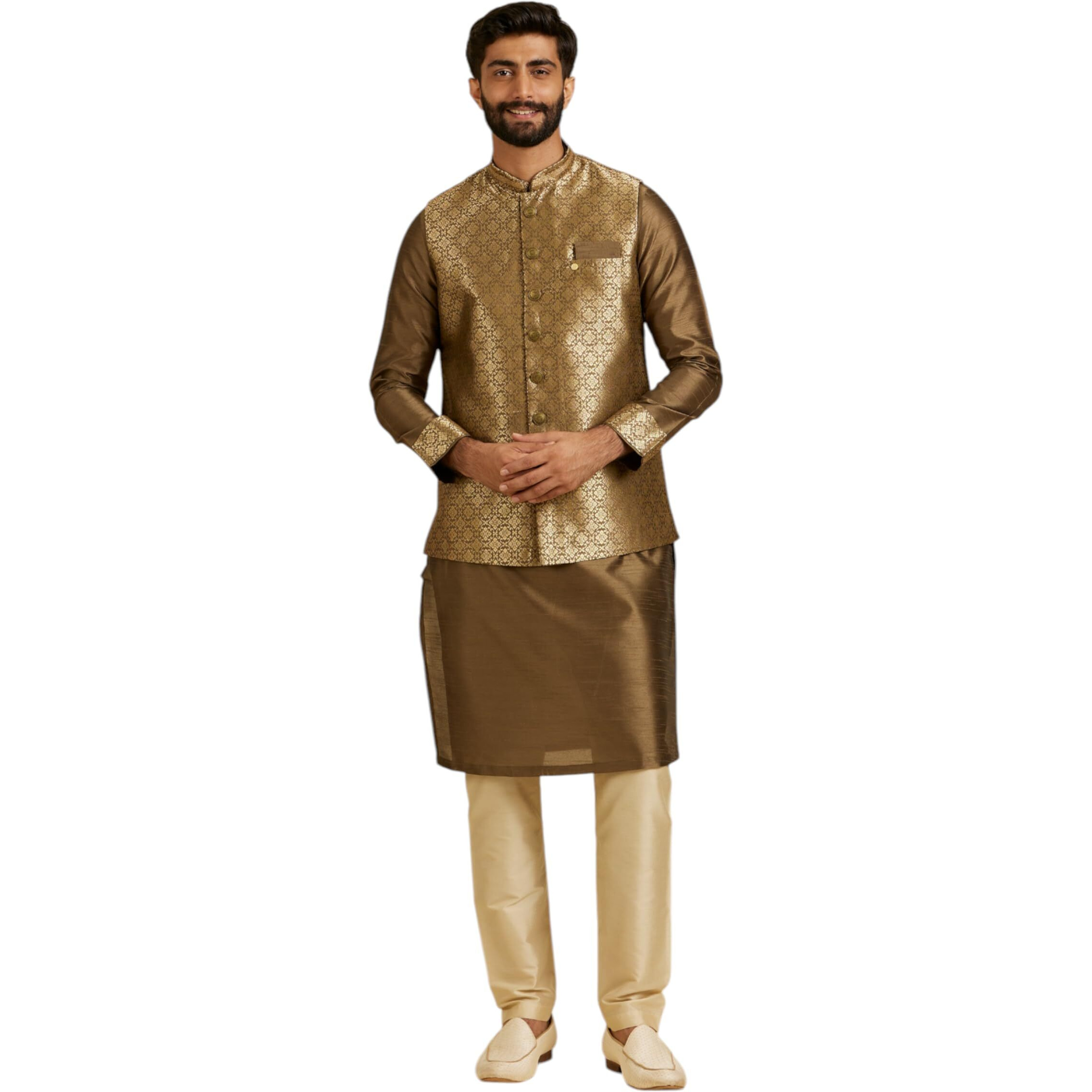 Diwas By Manyavar Men's Brocade Self Design Festive & Wedding Kurta Jacket Set (3Pcs)