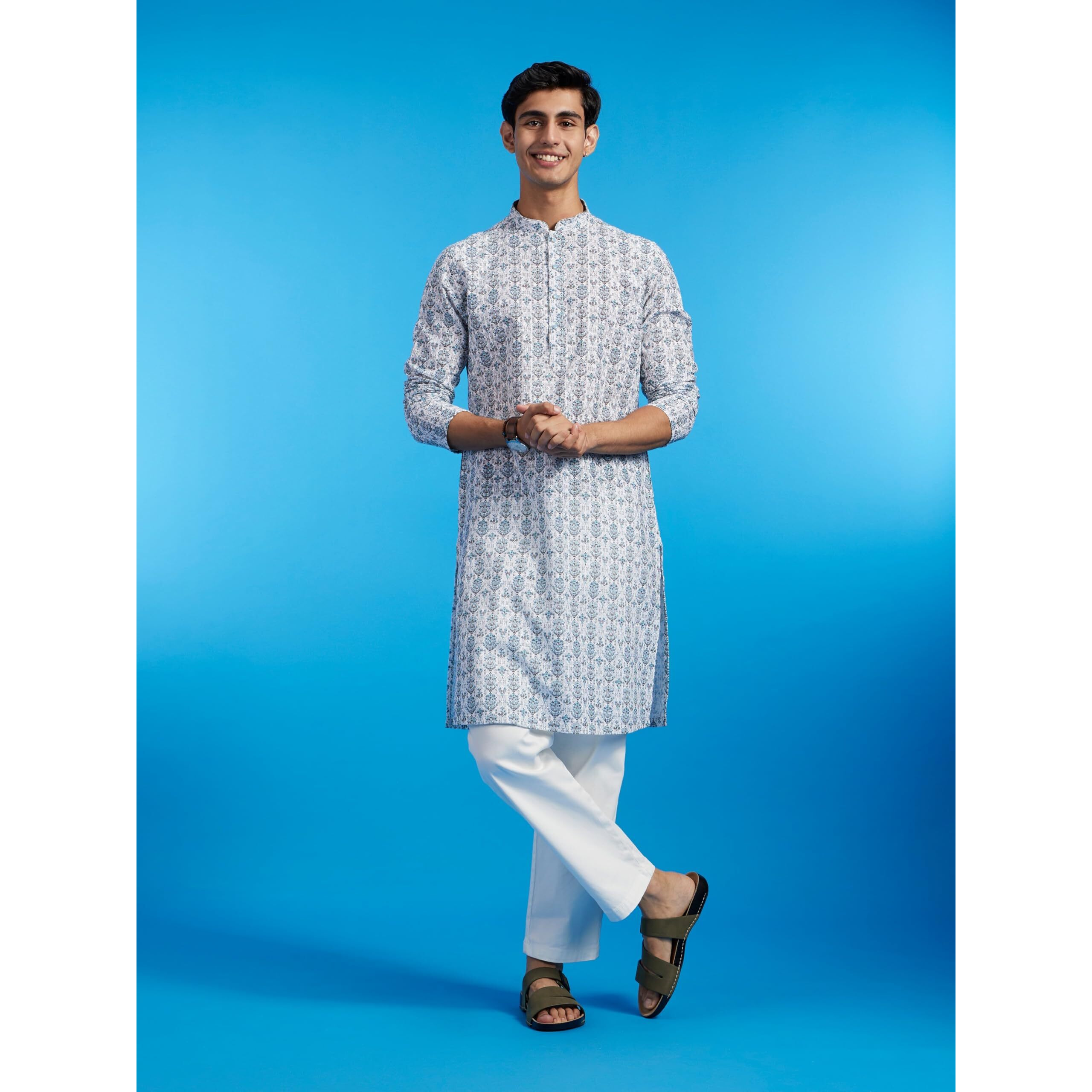 Diwas By Manyavar Men's Cotton Blend Printed Chikankari Kurta (White,L)