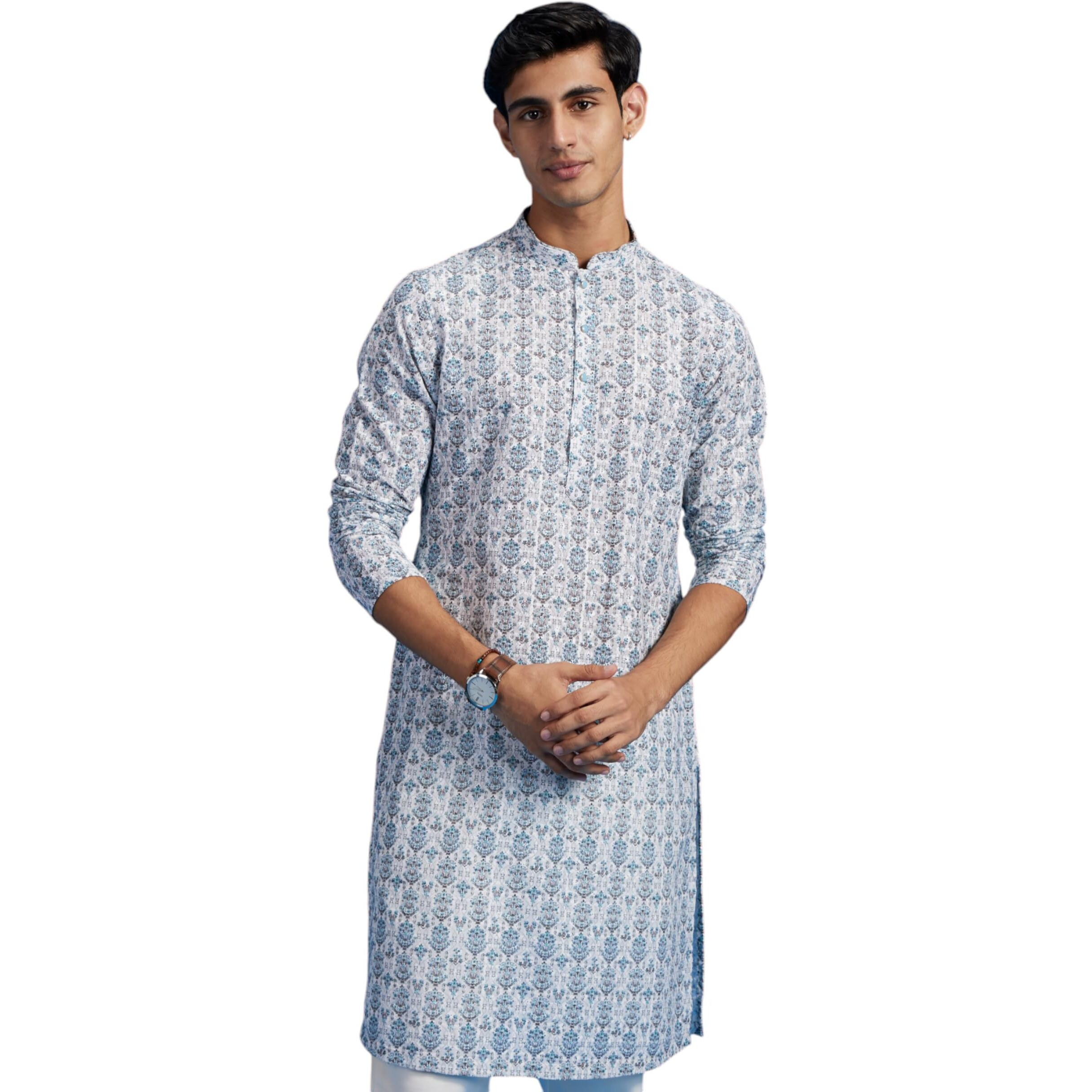 Diwas By Manyavar Men's Cotton Blend Printed Chikankari Kurta (White,Xxxl)