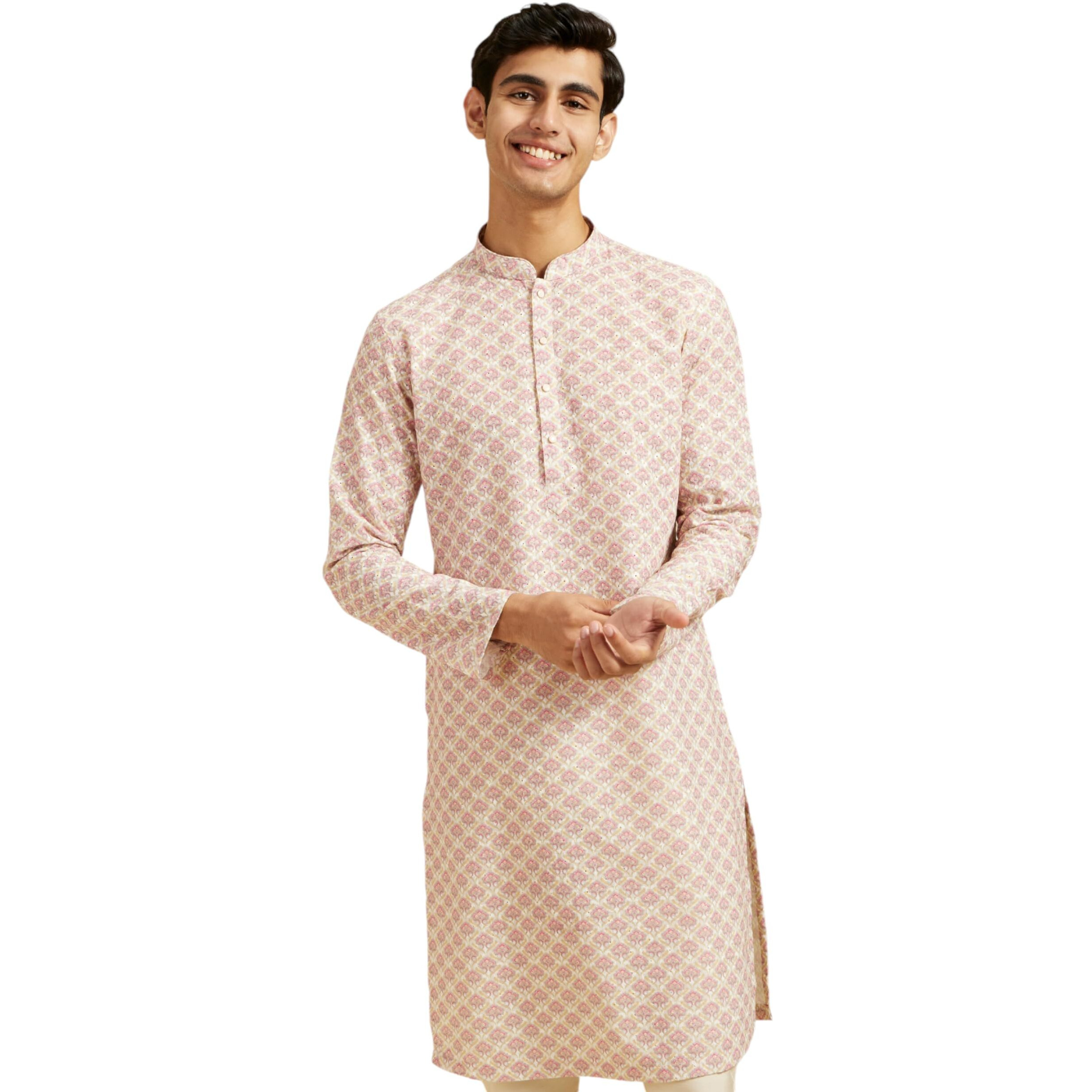 Diwas By Manyavar Men's Cotton Blend Printed Chikankari Kurta (Pink,M)