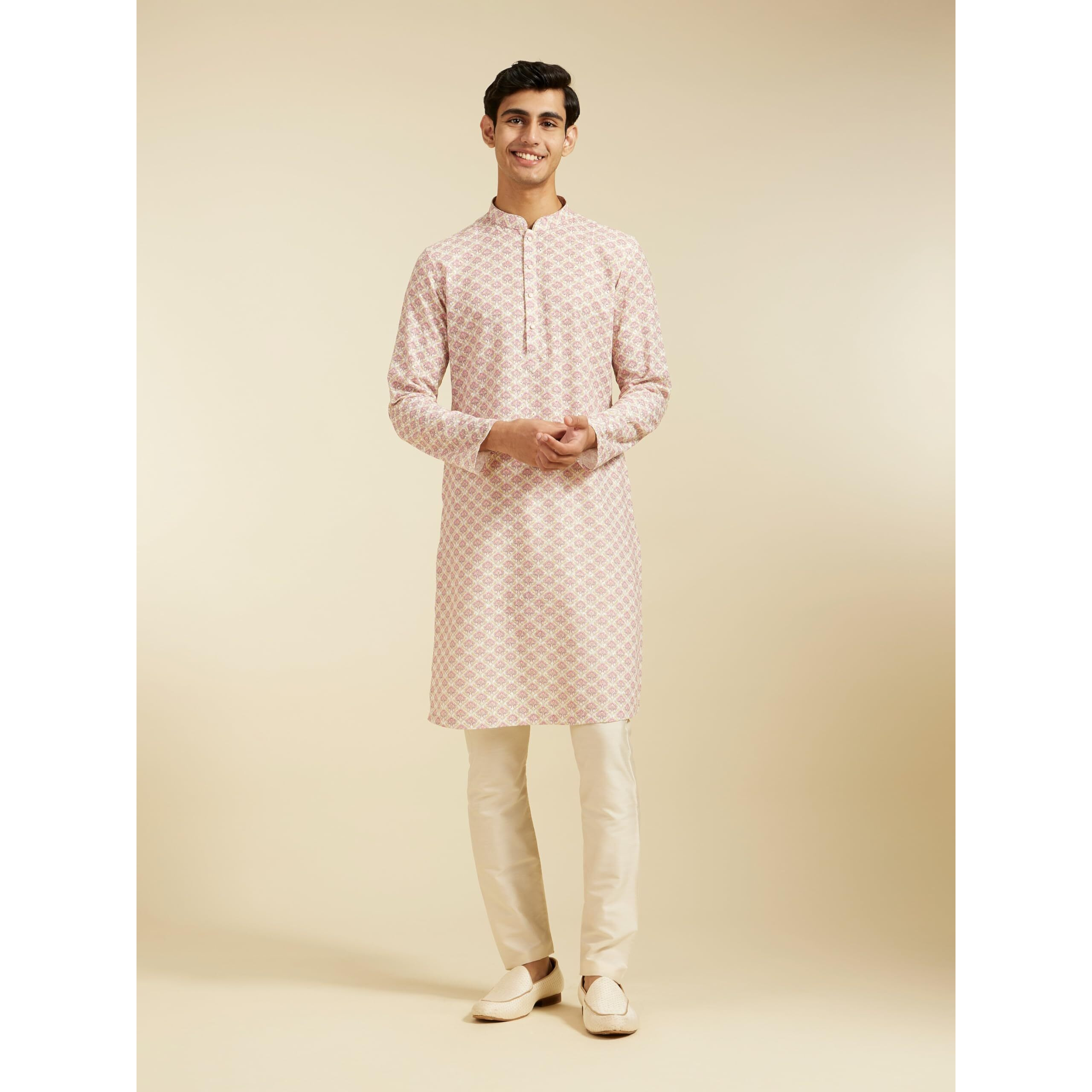Diwas By Manyavar Men's Cotton Blend Printed Chikankari Kurta (Pink,M)