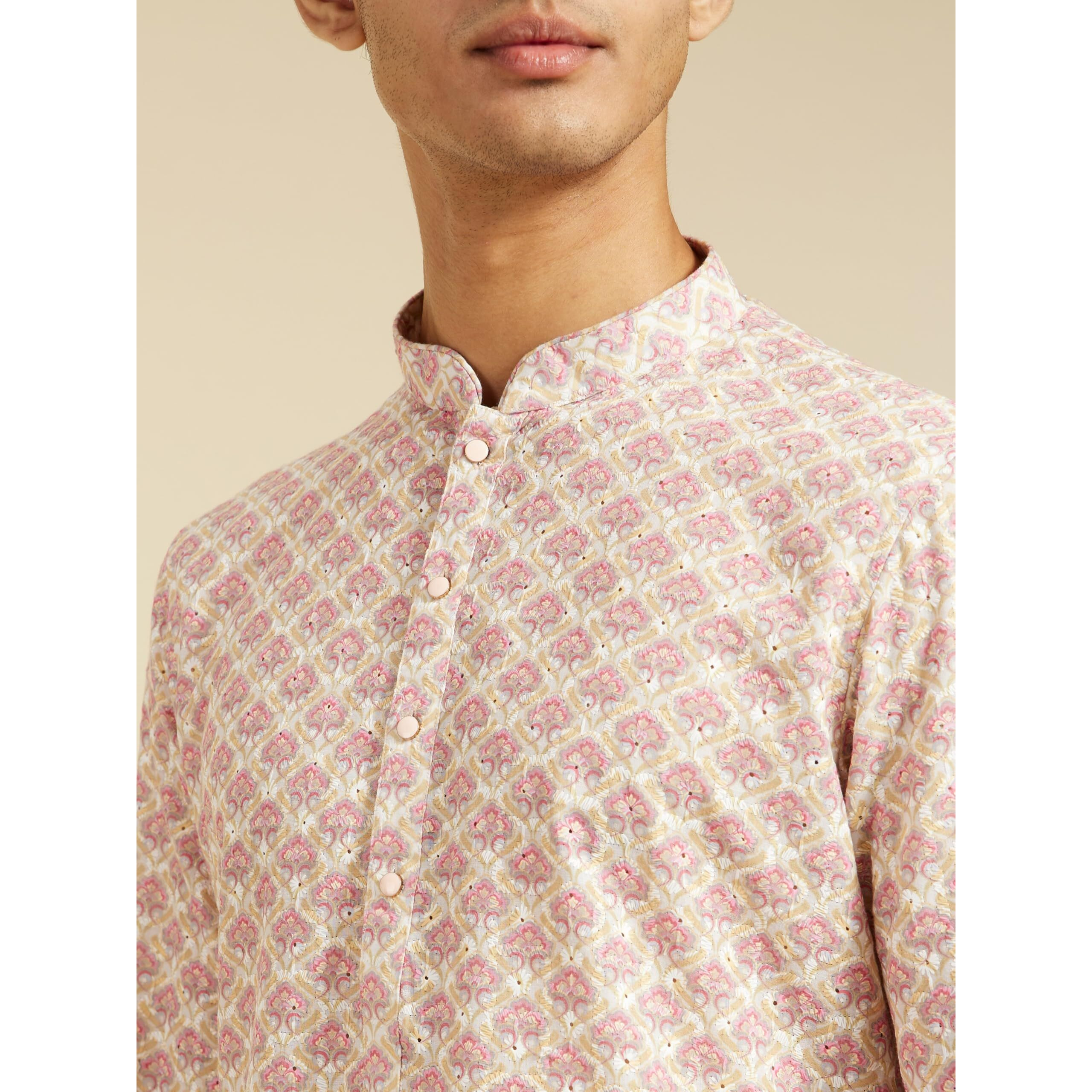 Diwas By Manyavar Men's Cotton Blend Printed Chikankari Kurta (Pink,M)