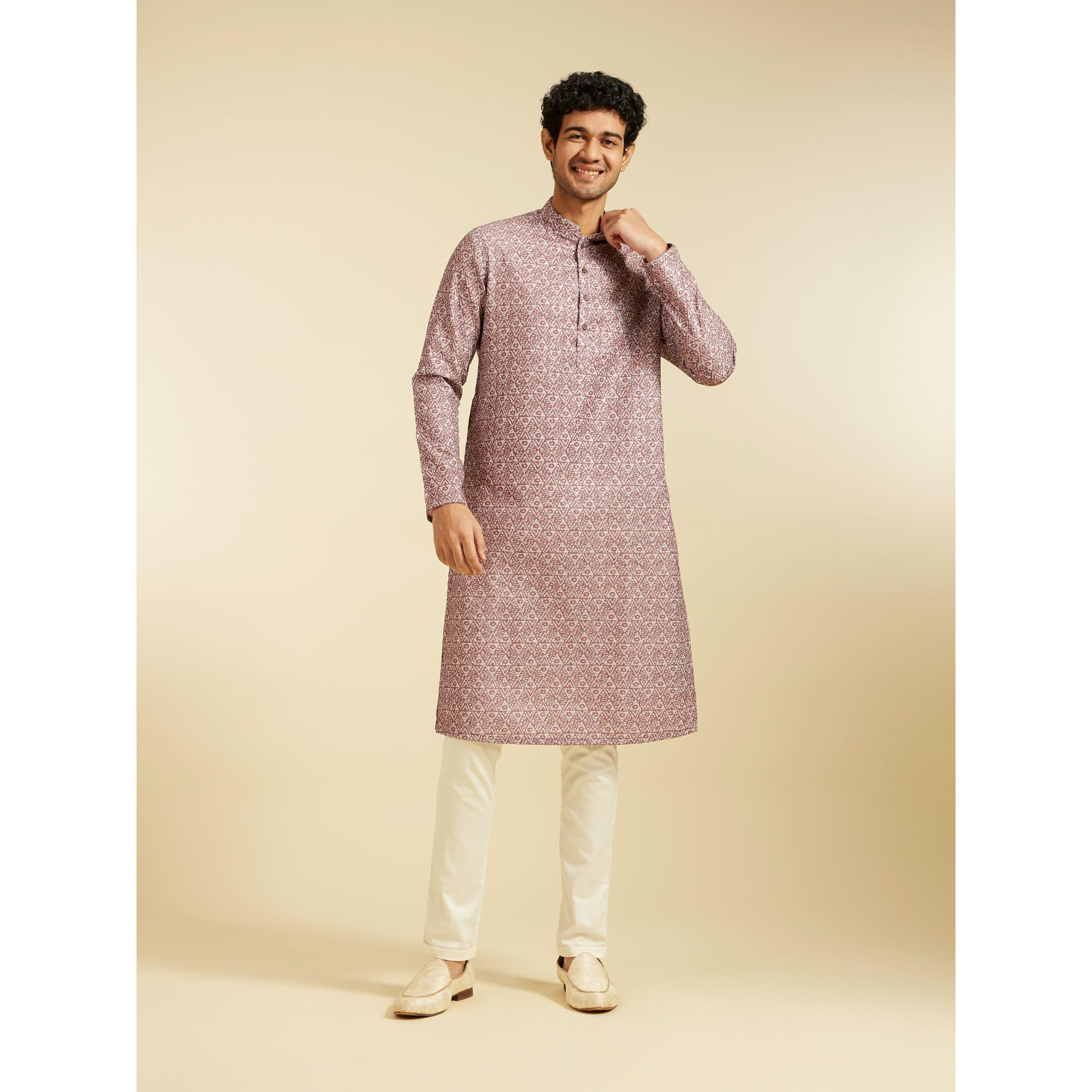 Diwas By Manyavar Men's Art Silk Printed Kurta (Dusty Pink,Xl)