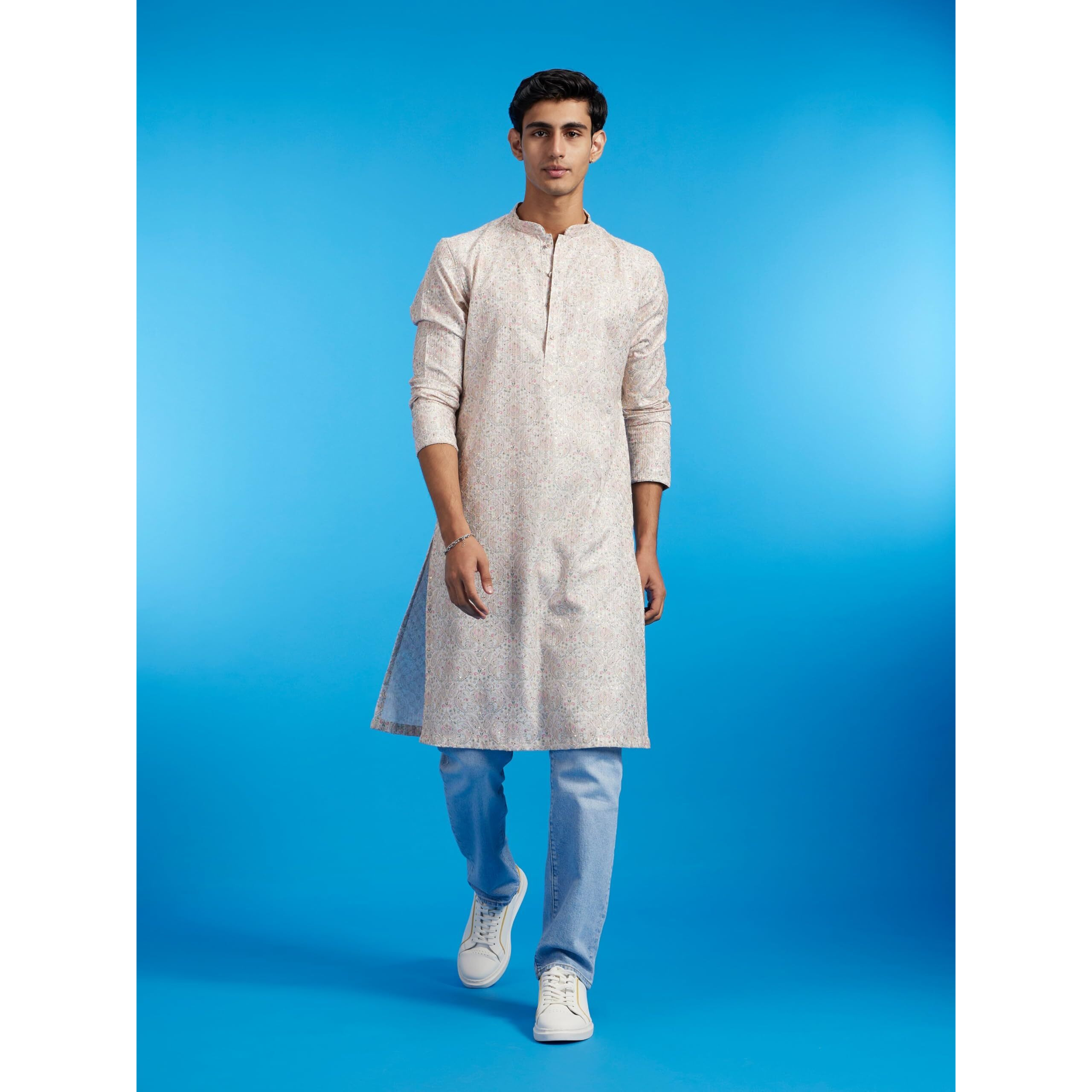Diwas By Manyavar Men's Cotton Blend Printed|Sequined Kurta (Cream,Xl)