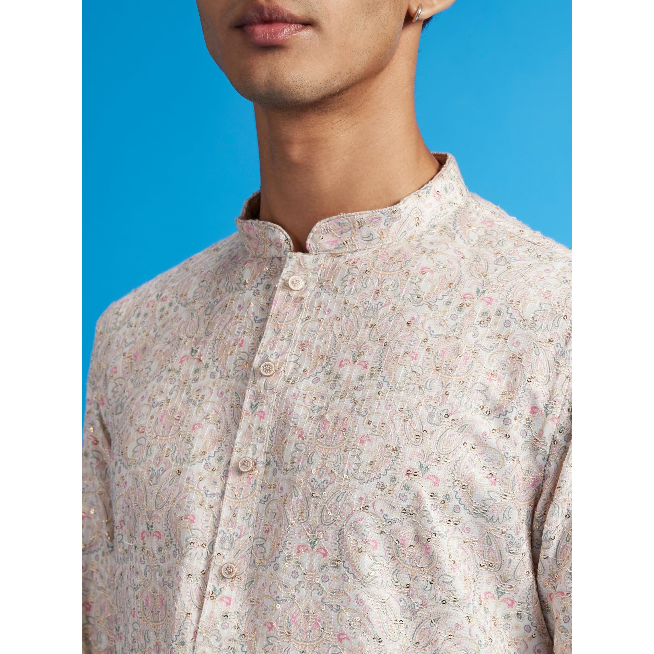 Diwas By Manyavar Men's Cotton Blend Printed|Sequined Kurta (Cream,Xl)