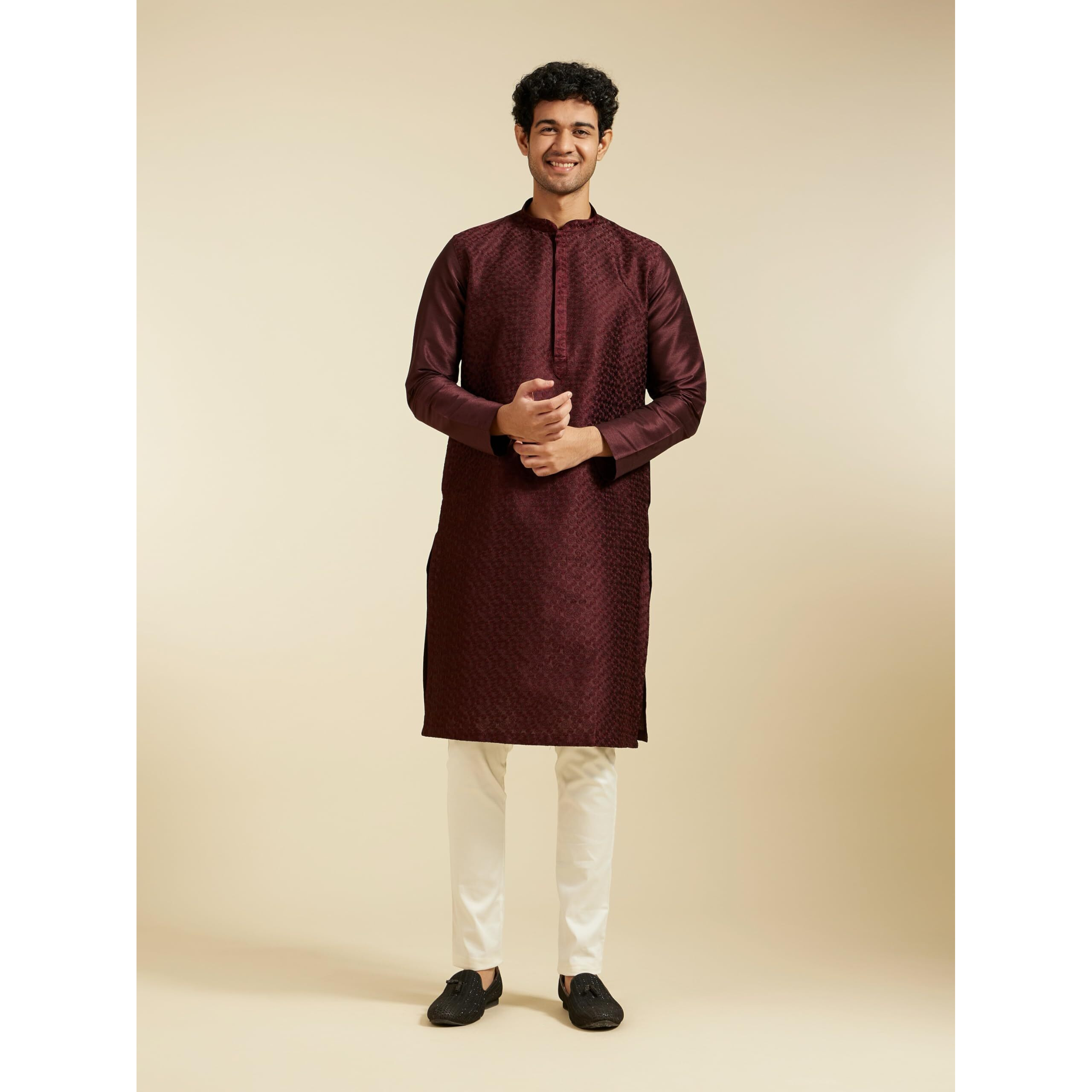 Diwas By Manyavar Men's Art Silk Self Design Kurta (Wine,L)