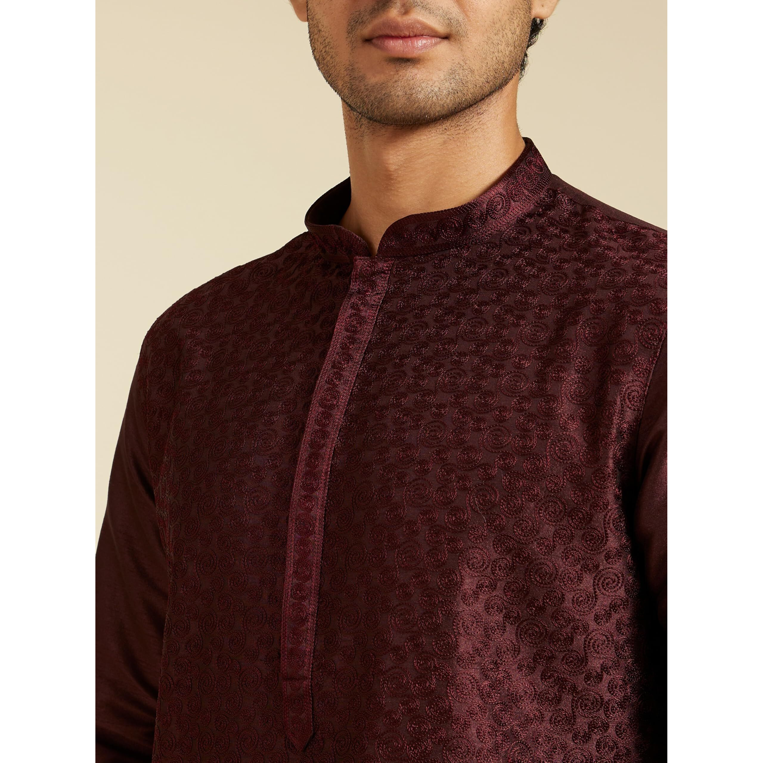 Diwas By Manyavar Men's Art Silk Self Design Kurta (Wine,L)