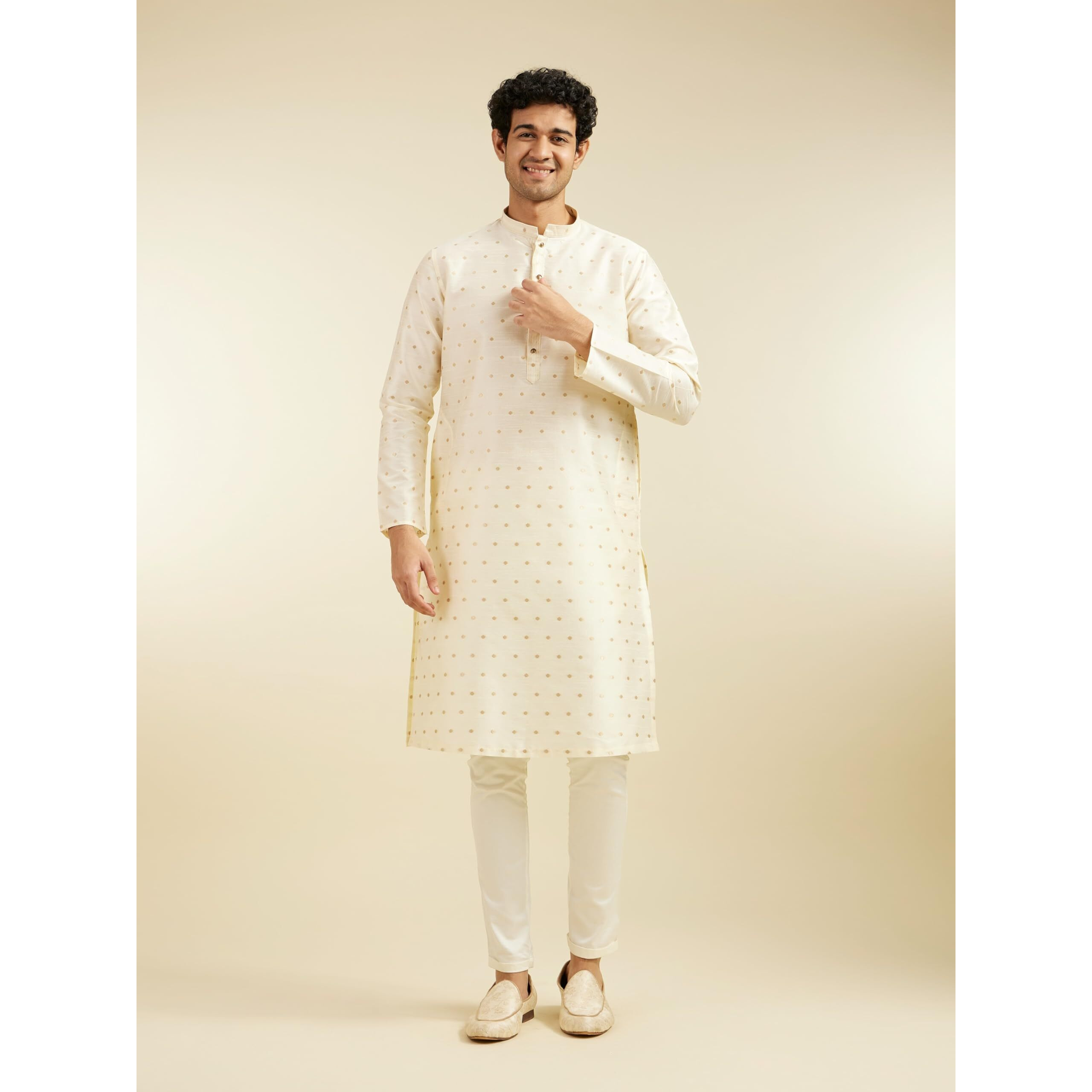 Diwas By Manyavar Men's Art Silk Self Design Kurta (Cream,S)
