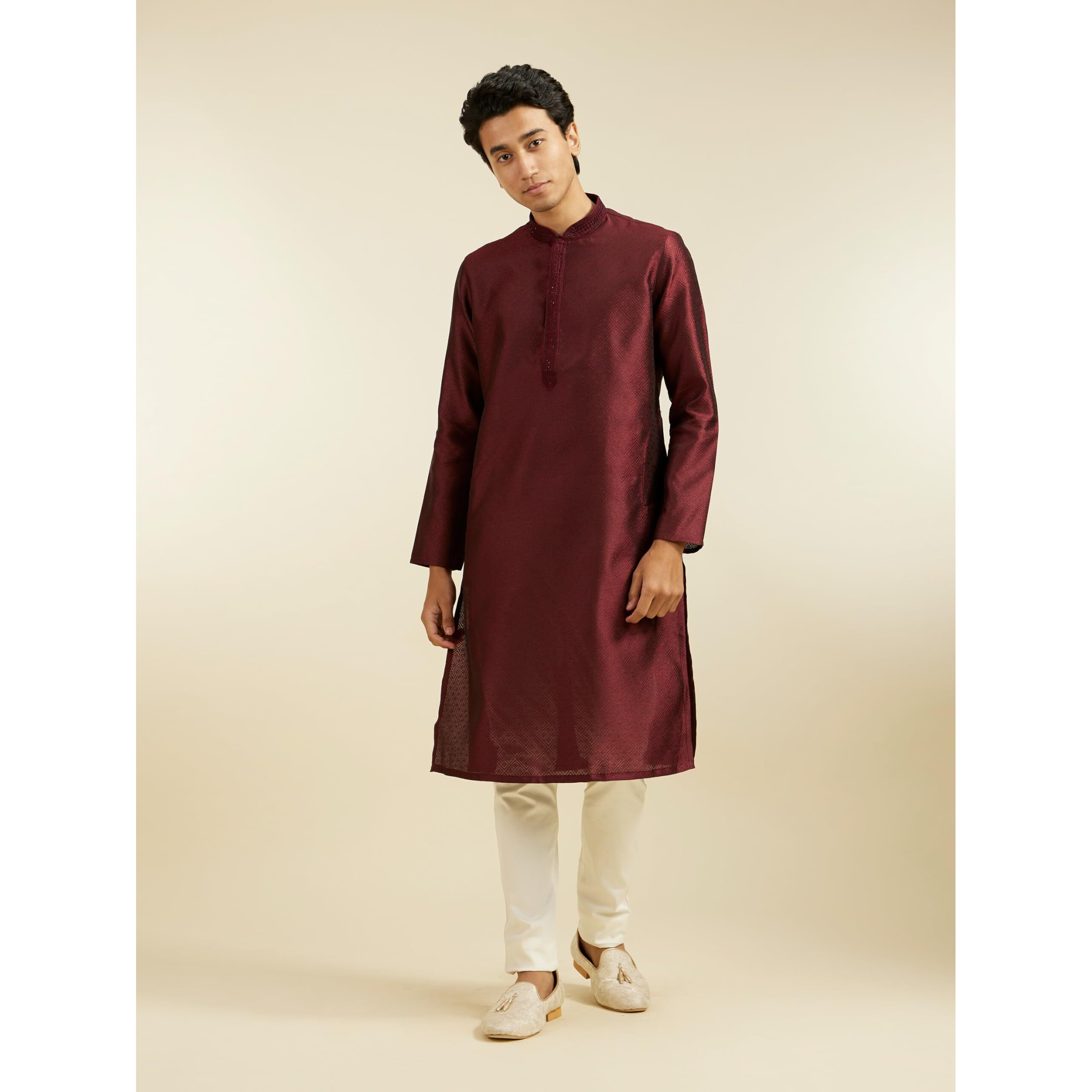 Diwas By Manyavar Men's Art Silk Thread Work Kurta (Maroon,Xxl)