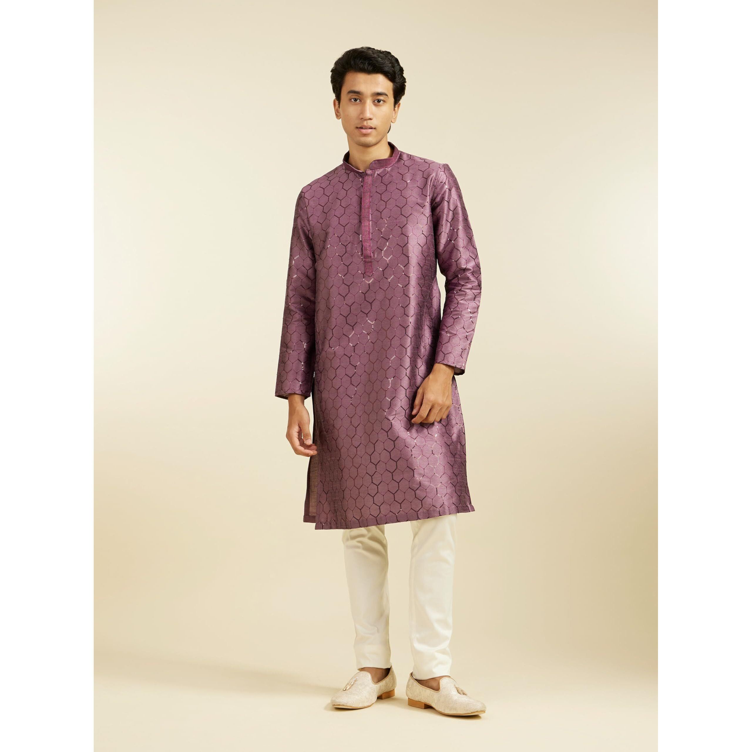 Diwas By Manyavar Men's Art Silk Sequined Kurta (Purple,S)