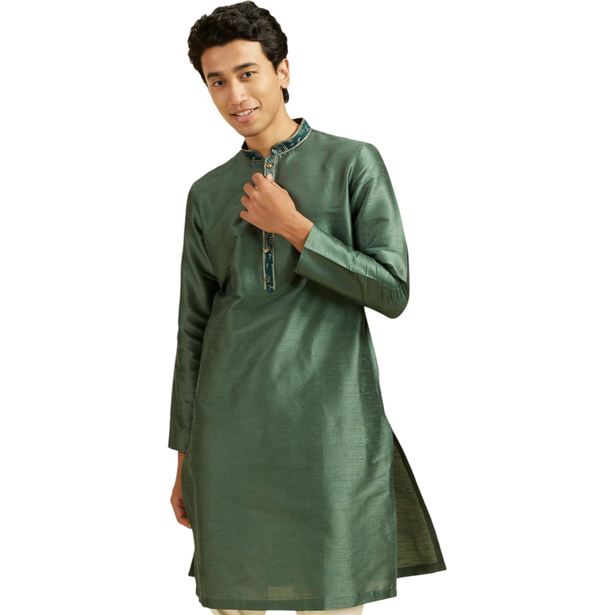 Diwas By Manyavar Men's Art Silk Solid Kurta (Green,M)