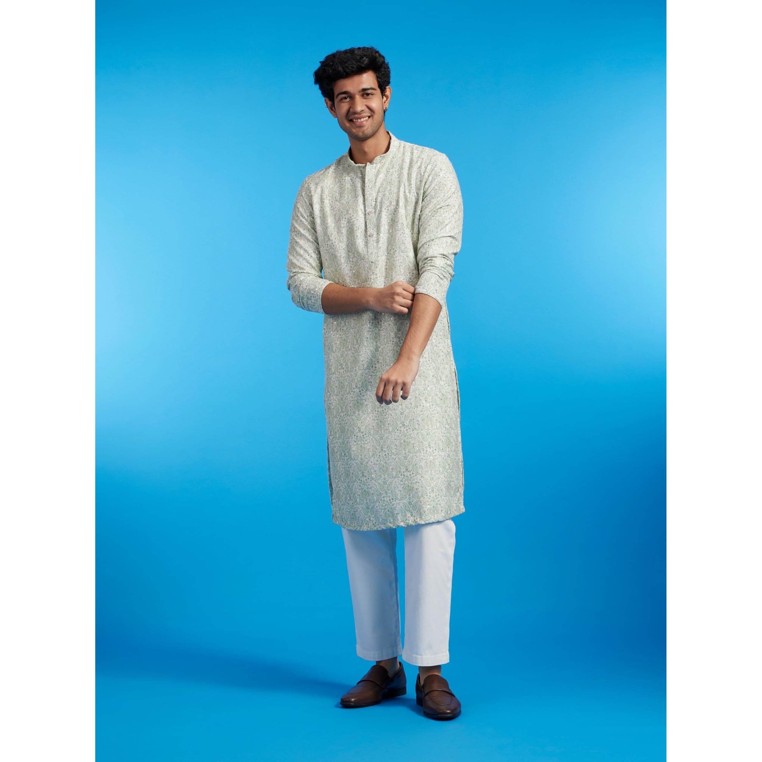 Diwas By Manyavar Men's Cotton Blend Printed|Sequined Kurta (Light Mid Green,M)