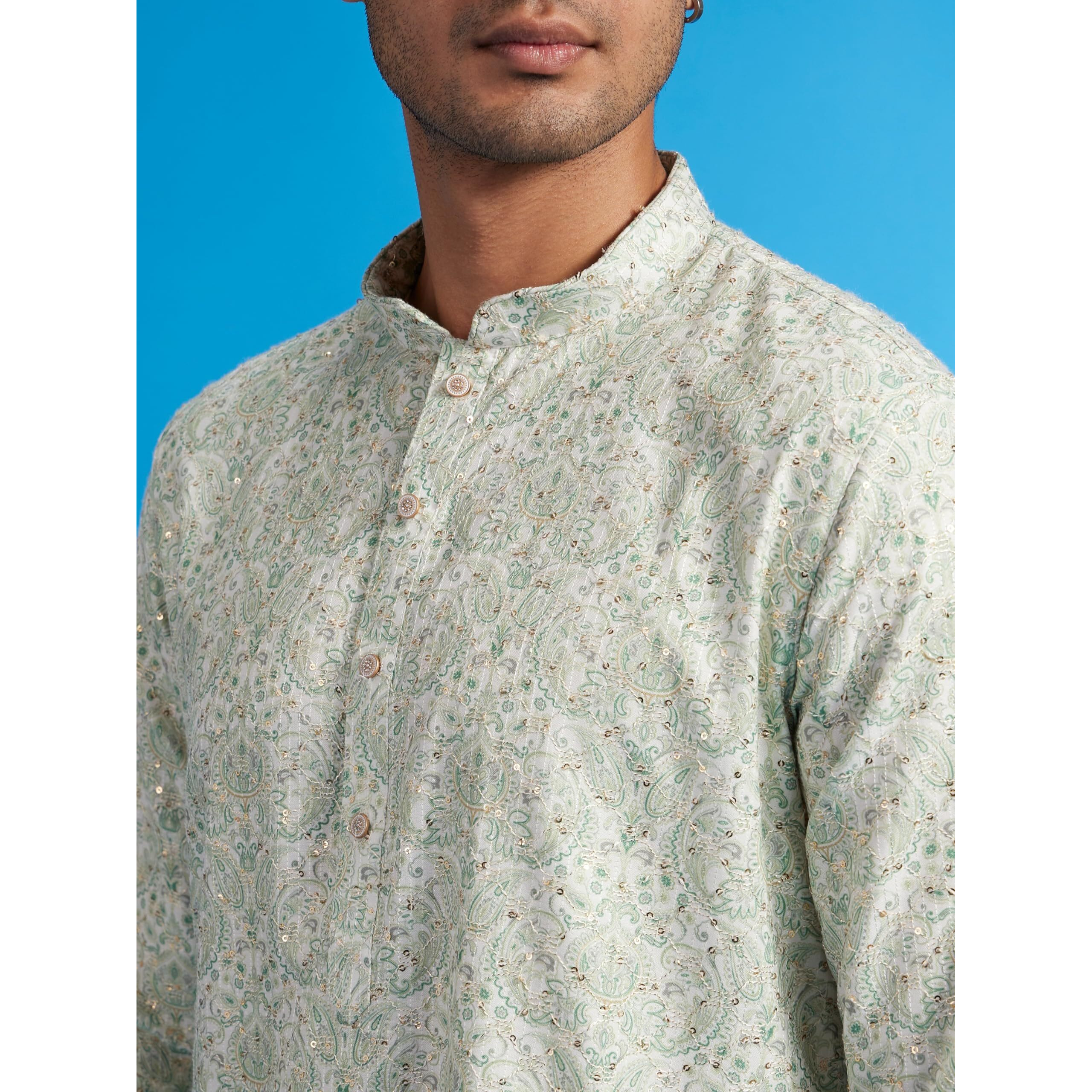 Diwas By Manyavar Men's Cotton Blend Printed|Sequined Kurta (Light Mid Green,M)
