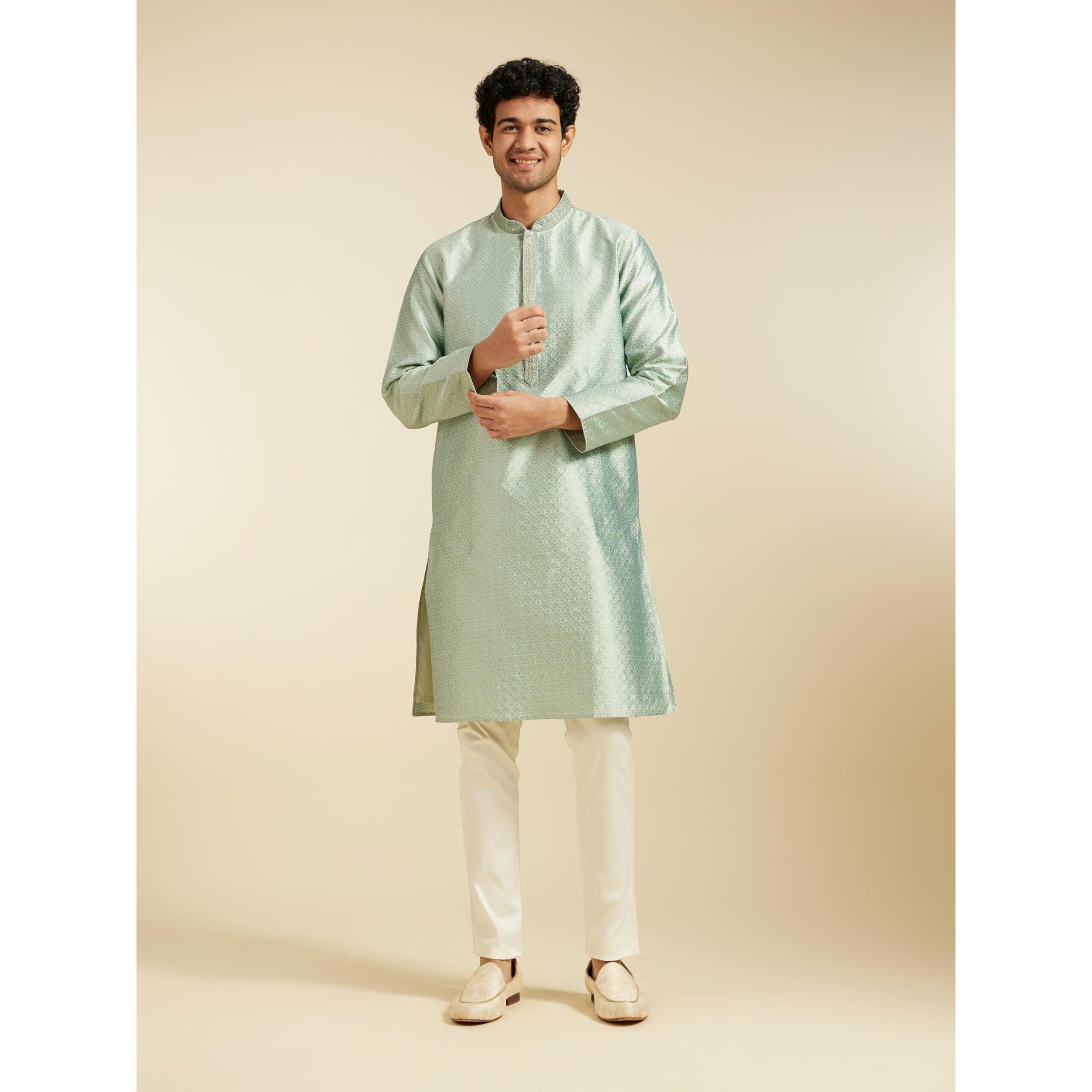 Diwas By Manyavar Men's Art Silk Thread Work Kurta (Light Mid Green,Xl)
