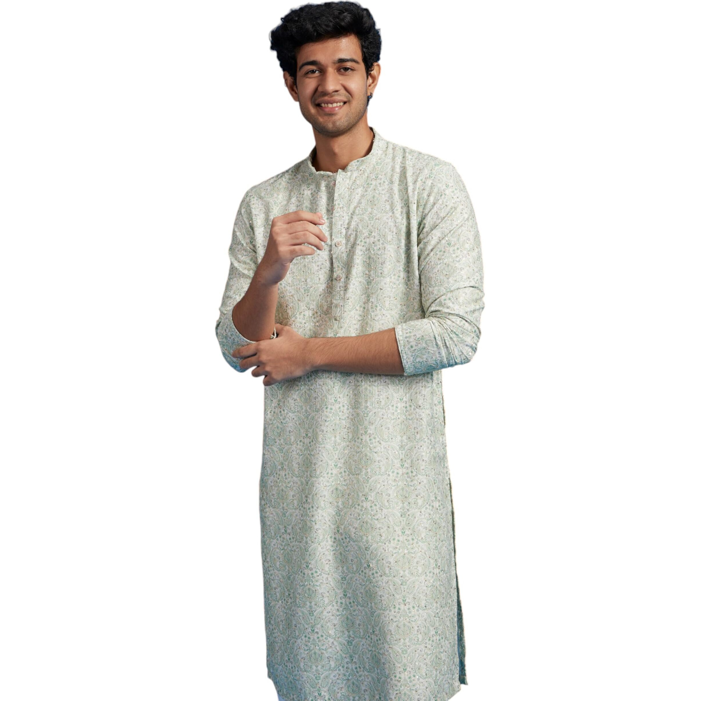 Diwas By Manyavar Men's Cotton Blend Printed|Sequined Kurta (Light Mid Green,Xxxl)