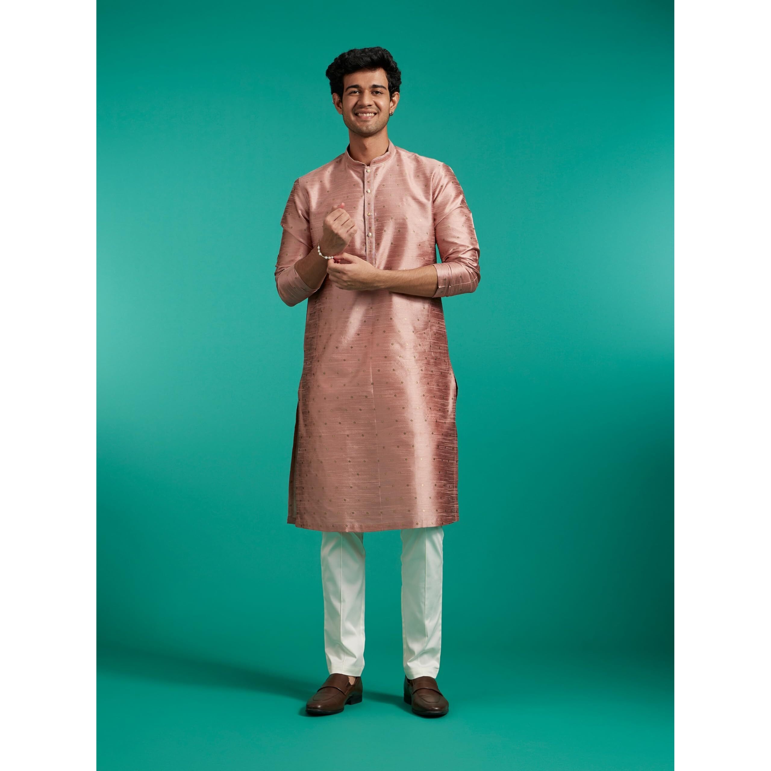 Diwas By Manyavar Men's Art Silk Self Design Kurta (Peach,S)