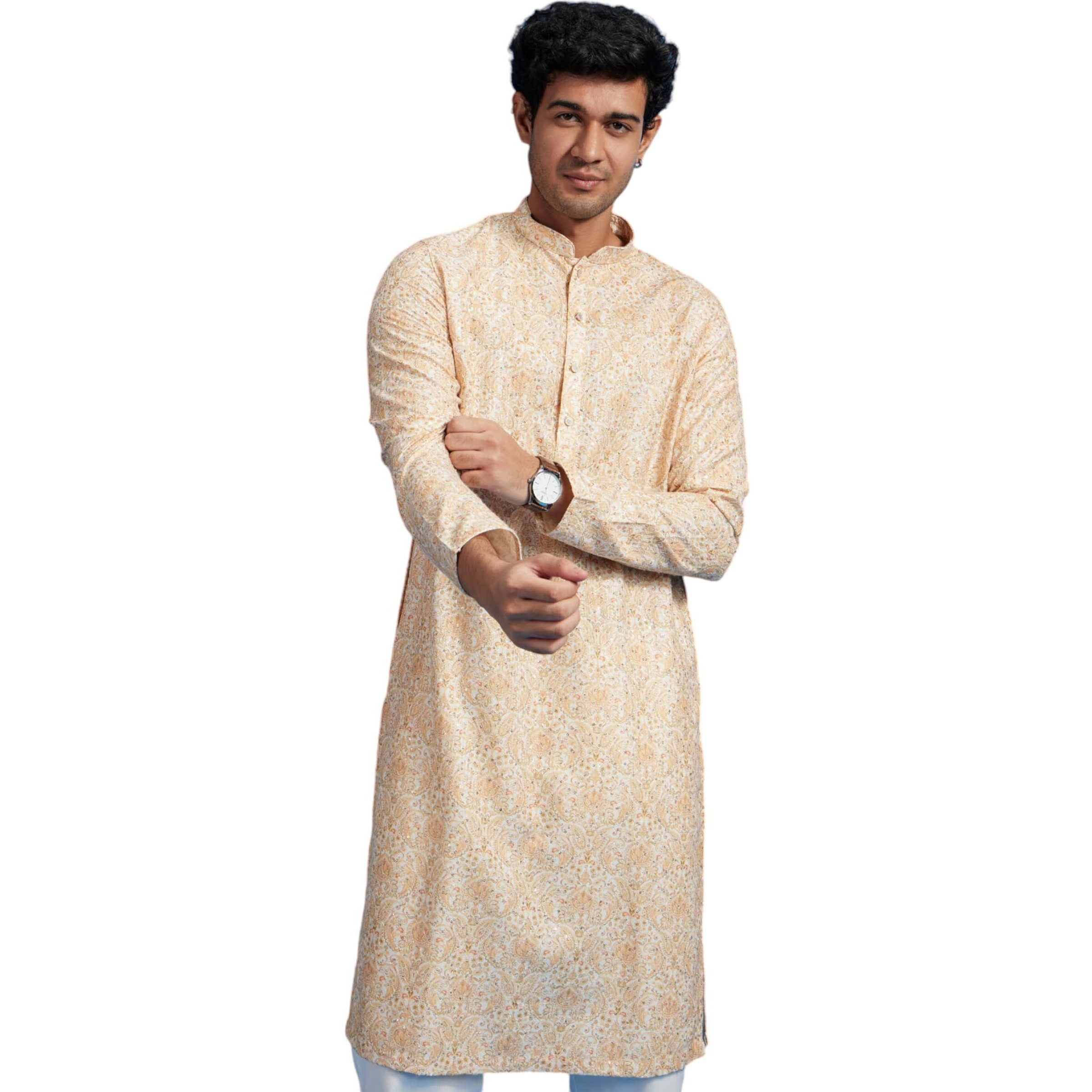 Diwas By Manyavar Men's Cotton Blend Printed|Sequined Kurta (Yellow,L)