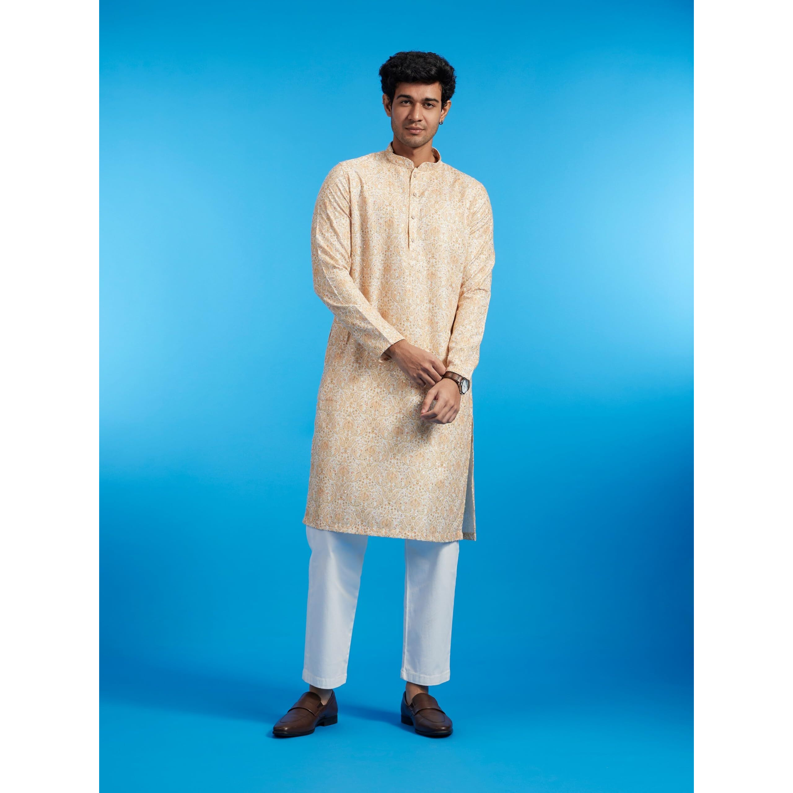 Diwas By Manyavar Men's Cotton Blend Printed|Sequined Kurta (Yellow,L)