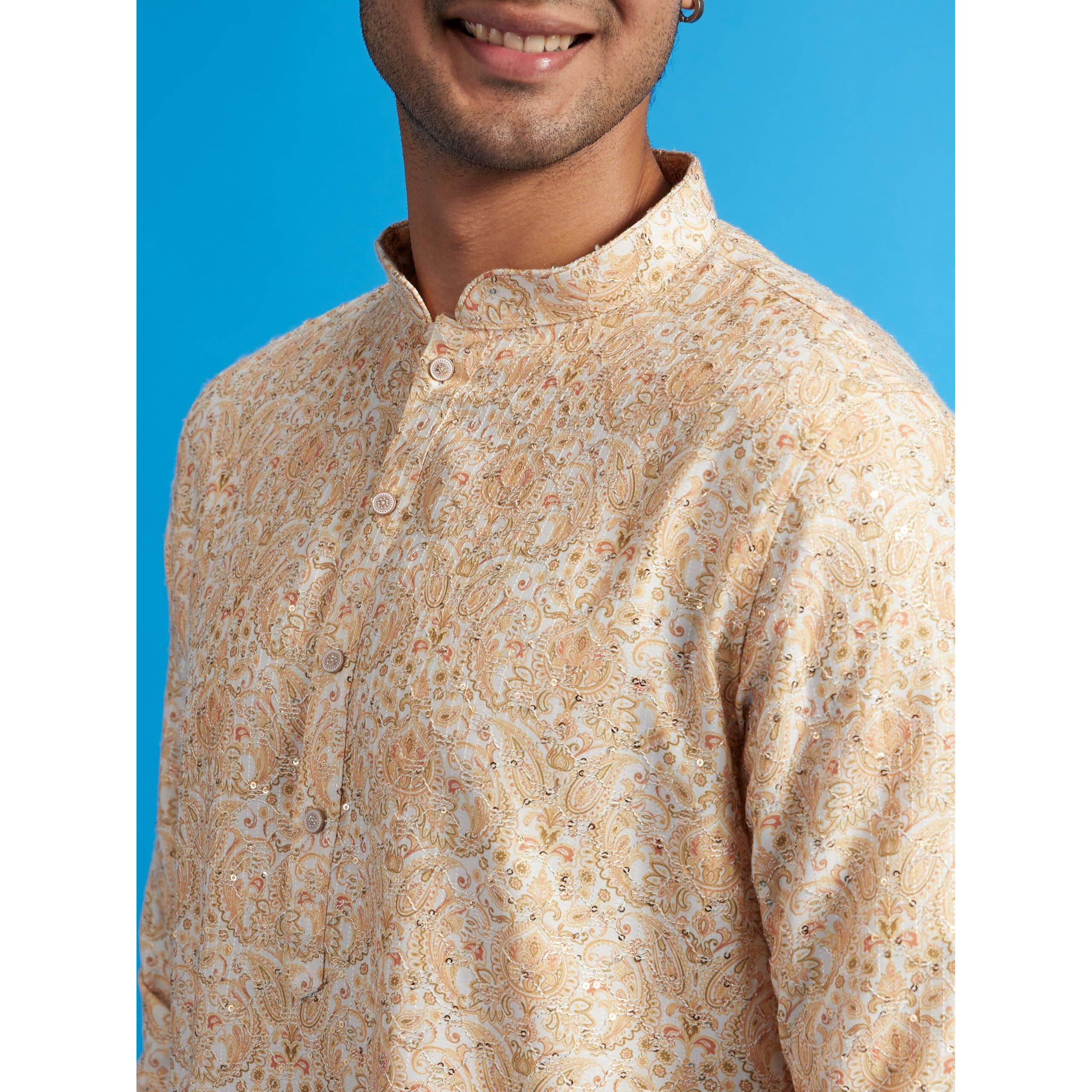 Diwas By Manyavar Men's Cotton Blend Printed|Sequined Kurta (Yellow,L)