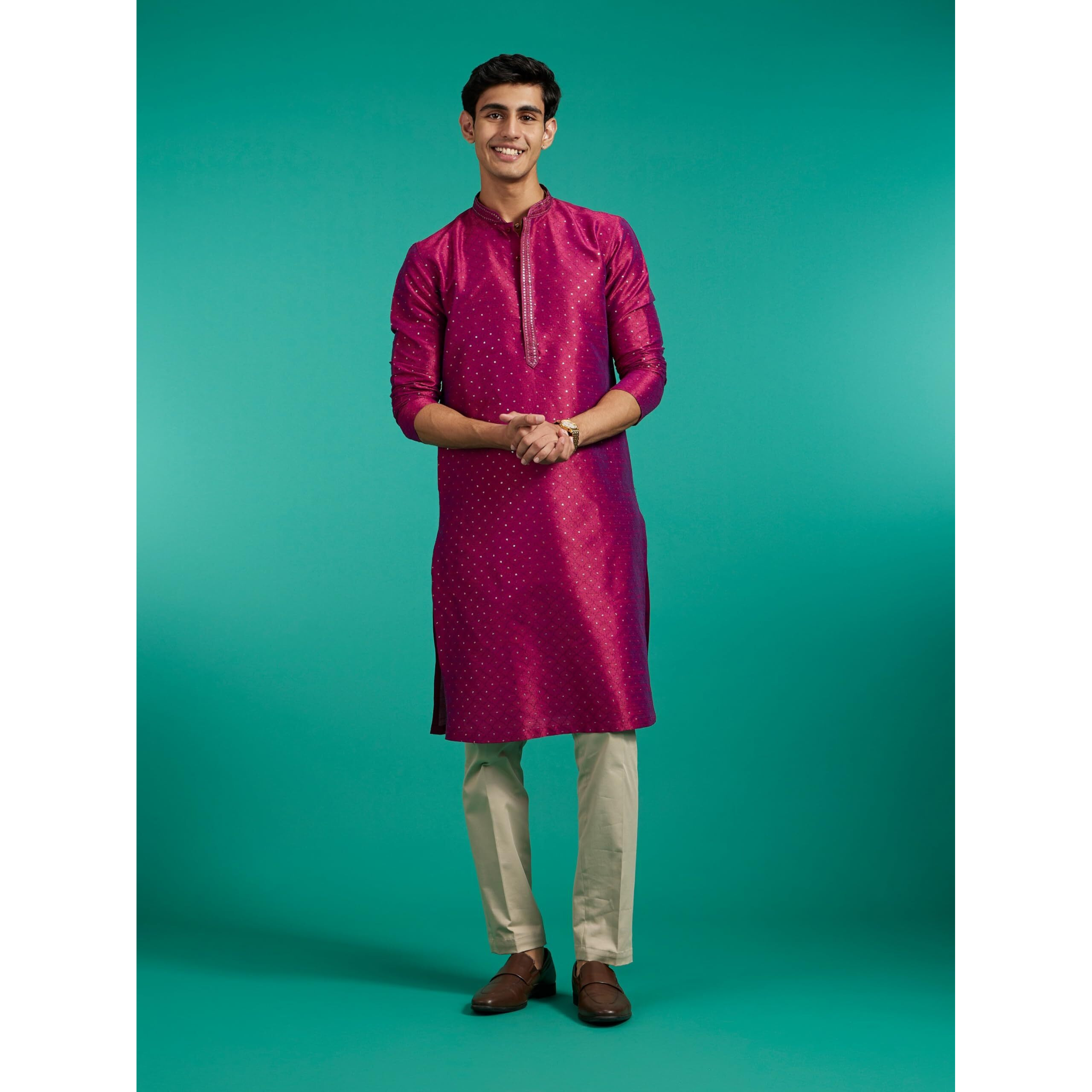 Diwas By Manyavar Men's Art Silk Sequined Kurta (Rani,M)