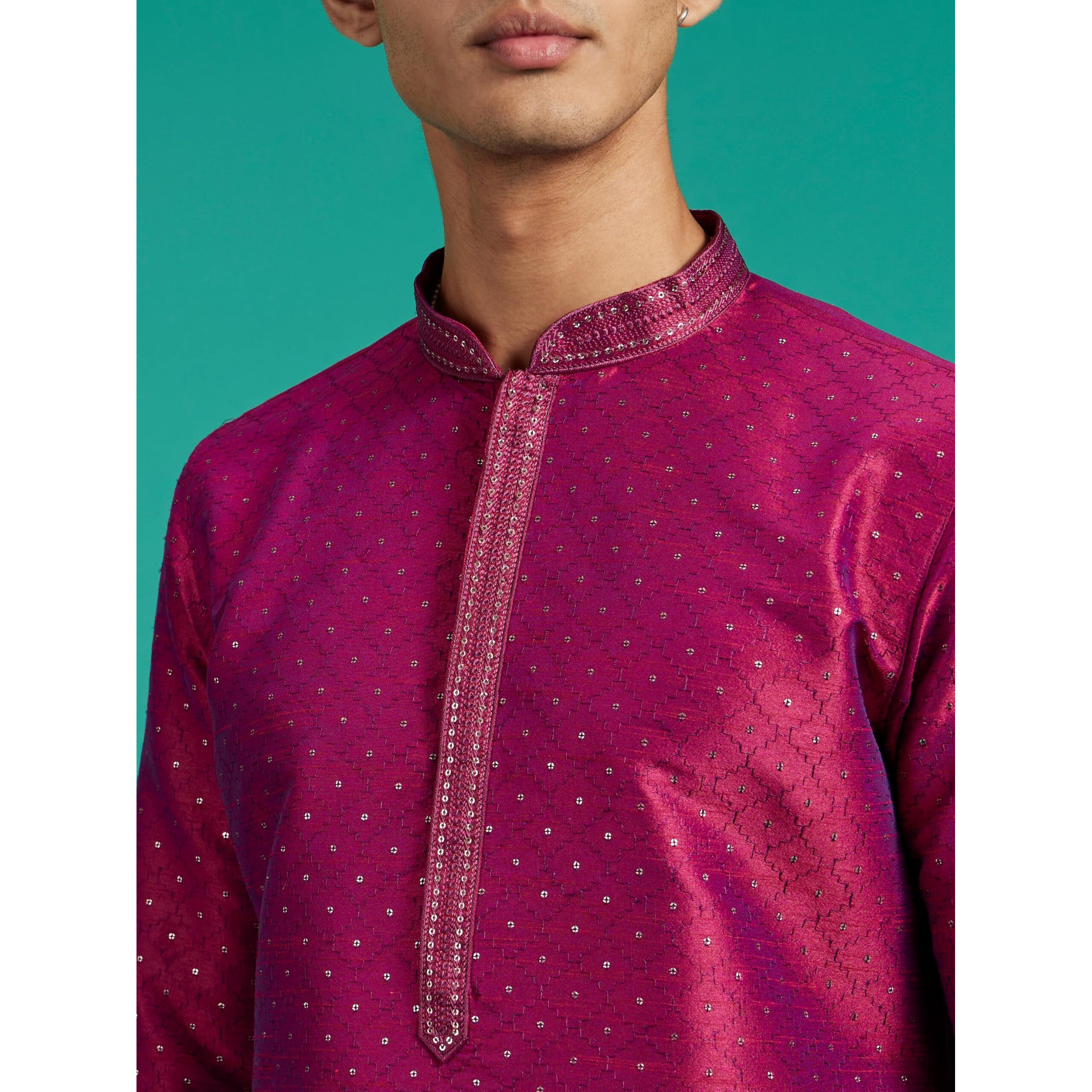 Diwas By Manyavar Men's Art Silk Sequined Kurta (Rani,M)