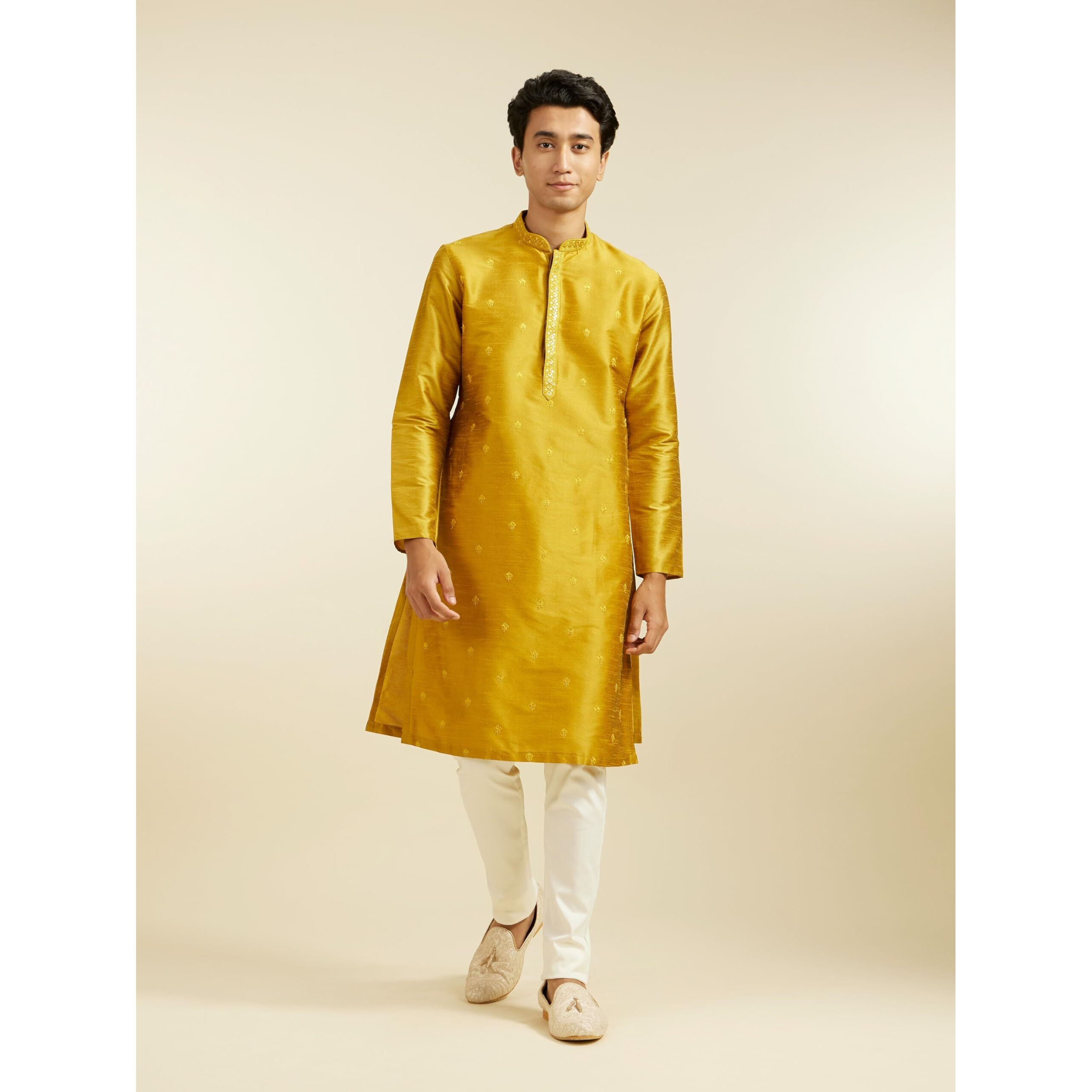Diwas By Manyavar Men's Art Silk Thread Embroidered Kurta (Mustard,S)