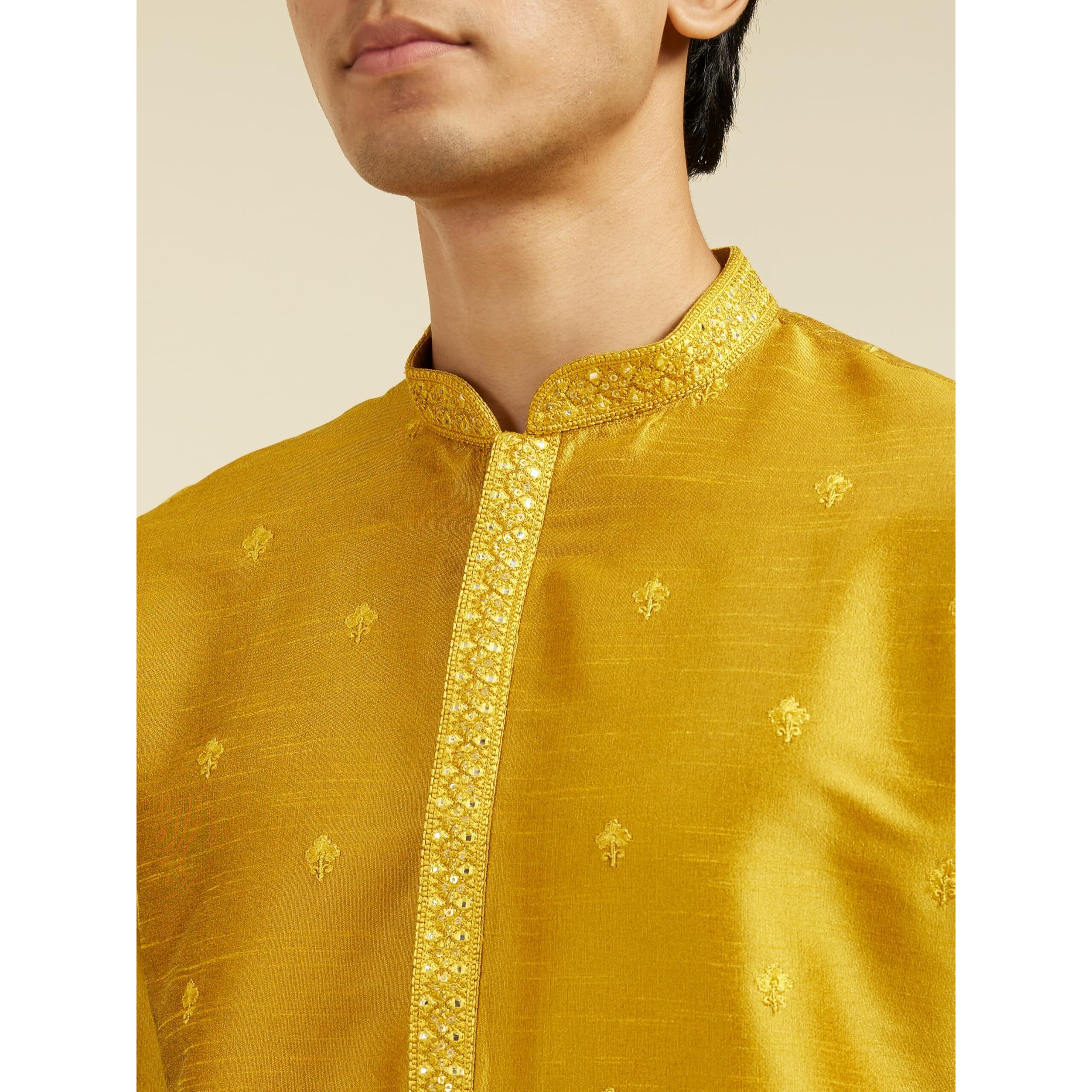 Diwas By Manyavar Men's Art Silk Thread Embroidered Kurta (Mustard,S)