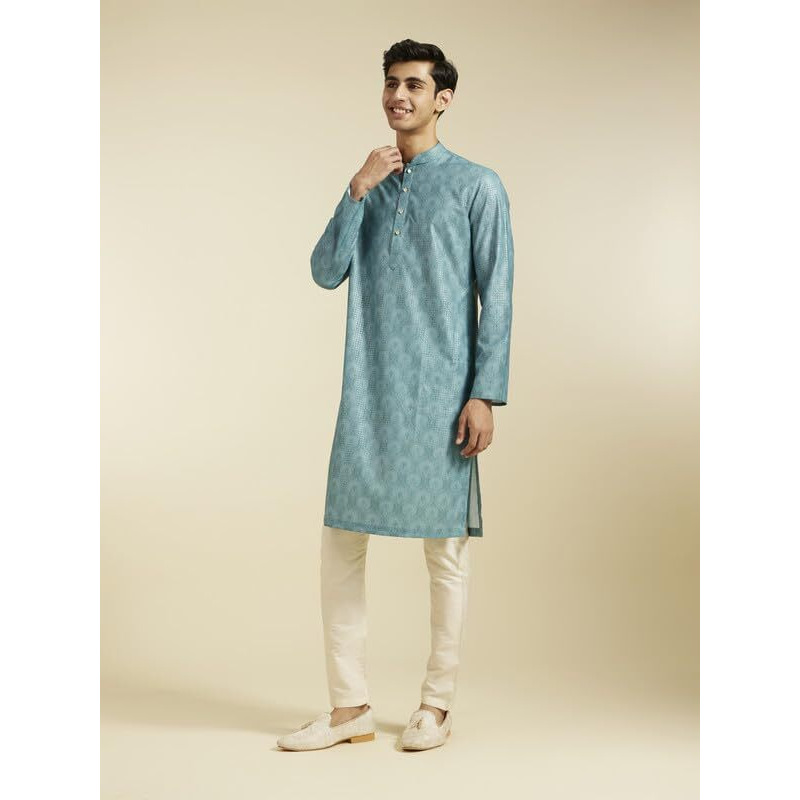 Diwas By Manyavar Men's Cotton Blend Printed Kurta (Aqua Green,Xxxl)