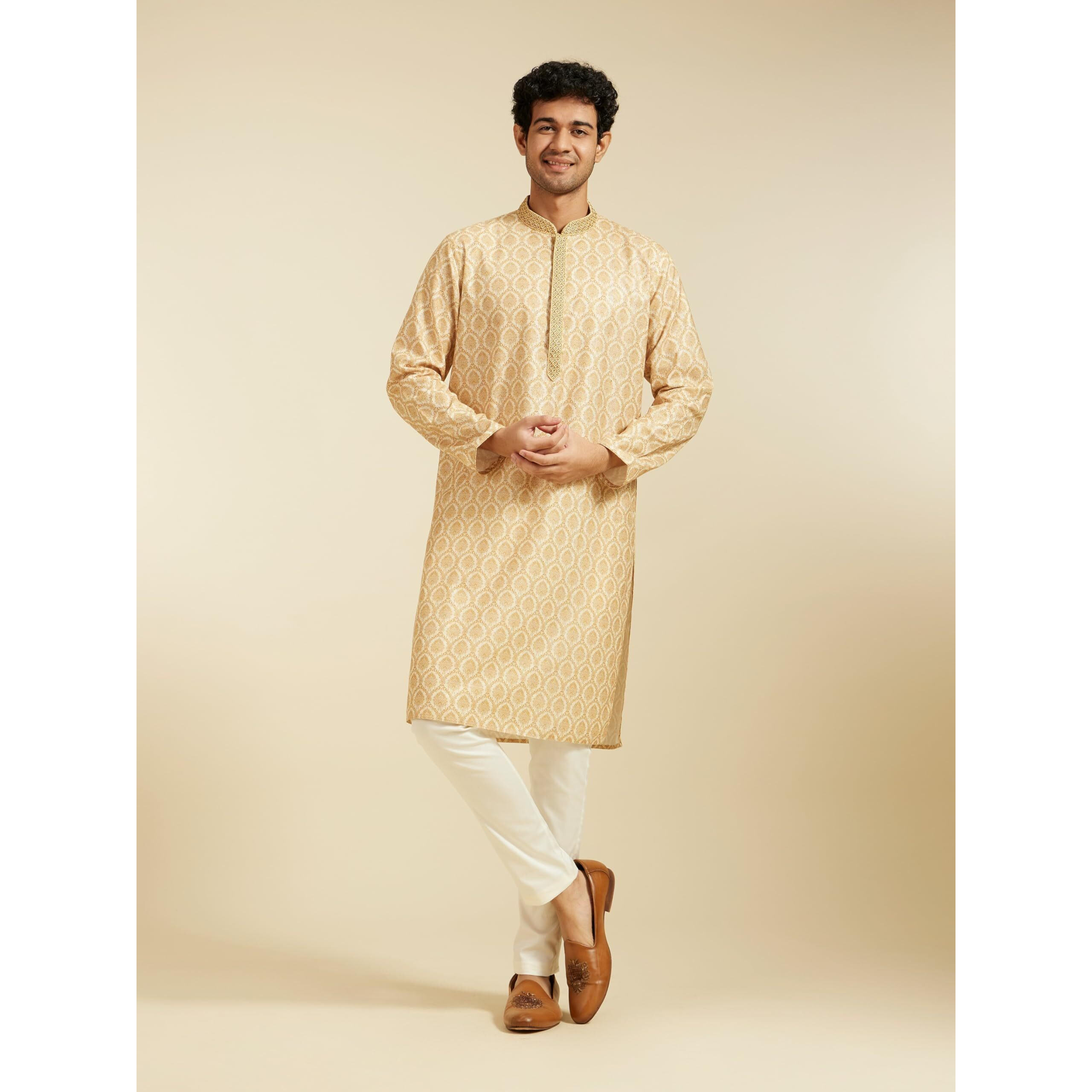 Diwas By Manyavar Men's Cotton Blend Printed Kurta (Beige,L)