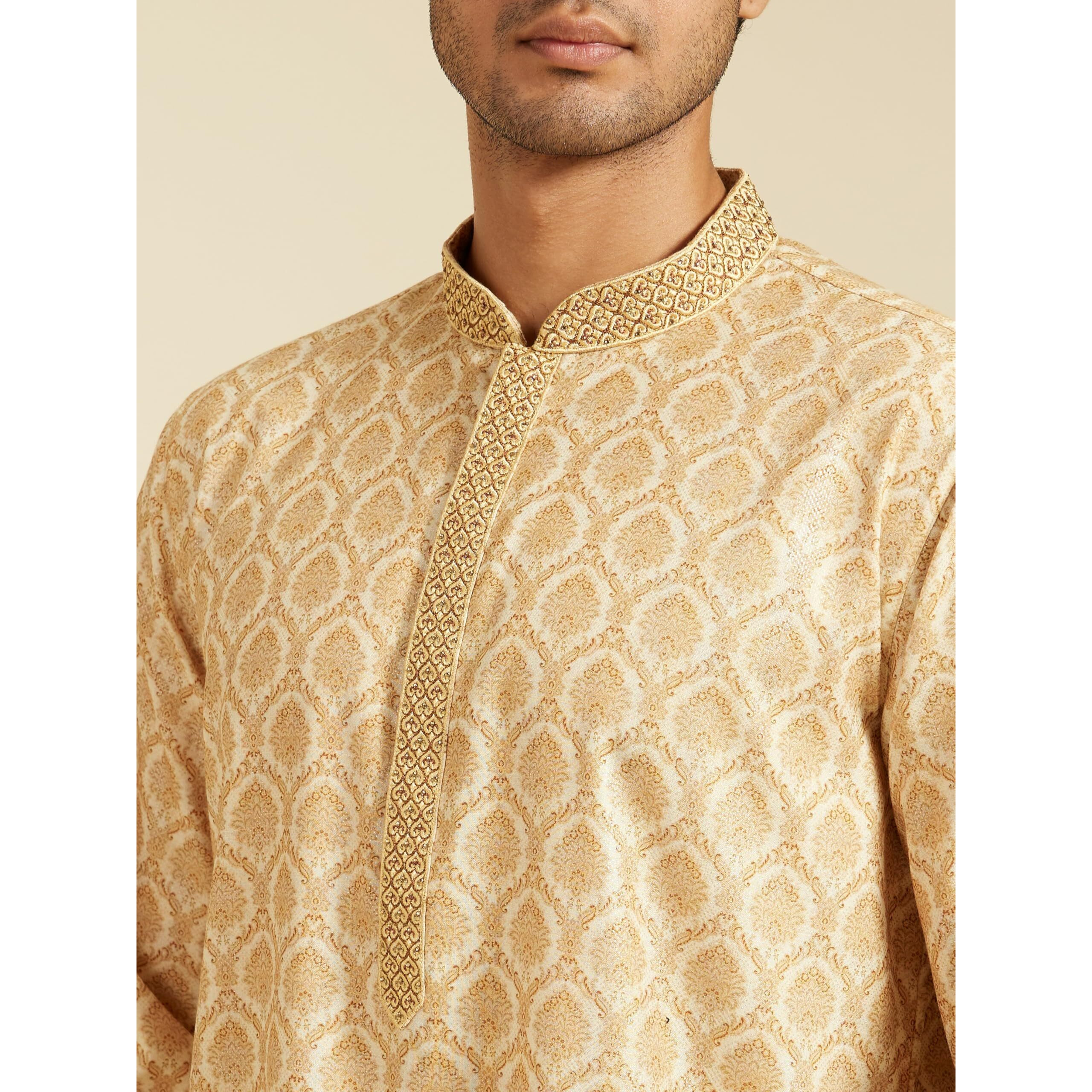 Diwas By Manyavar Men's Cotton Blend Printed Kurta (Beige,L)