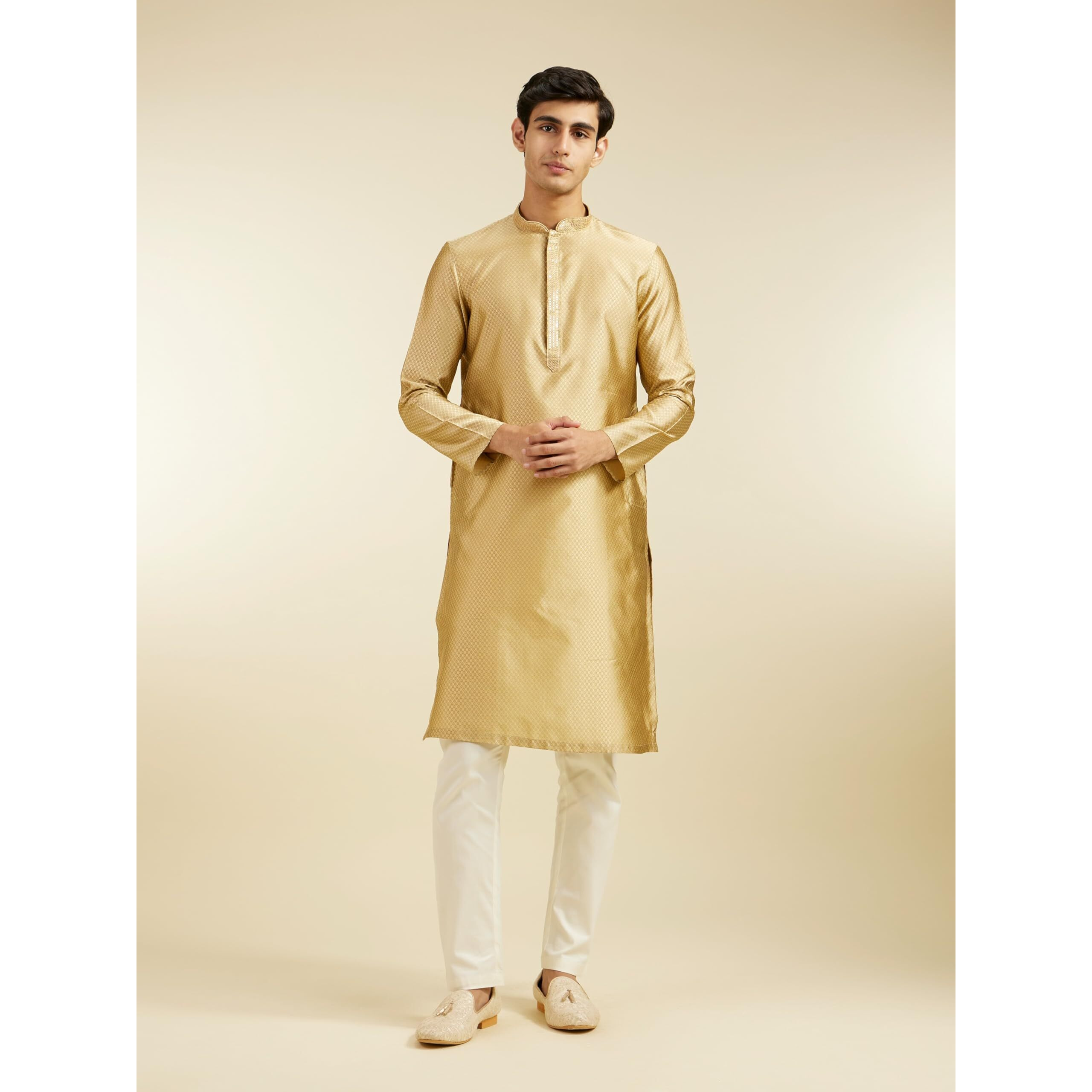Diwas By Manyavar Men's Art Silk Jacquard| Self Design Kurta (Fawn,Xl)
