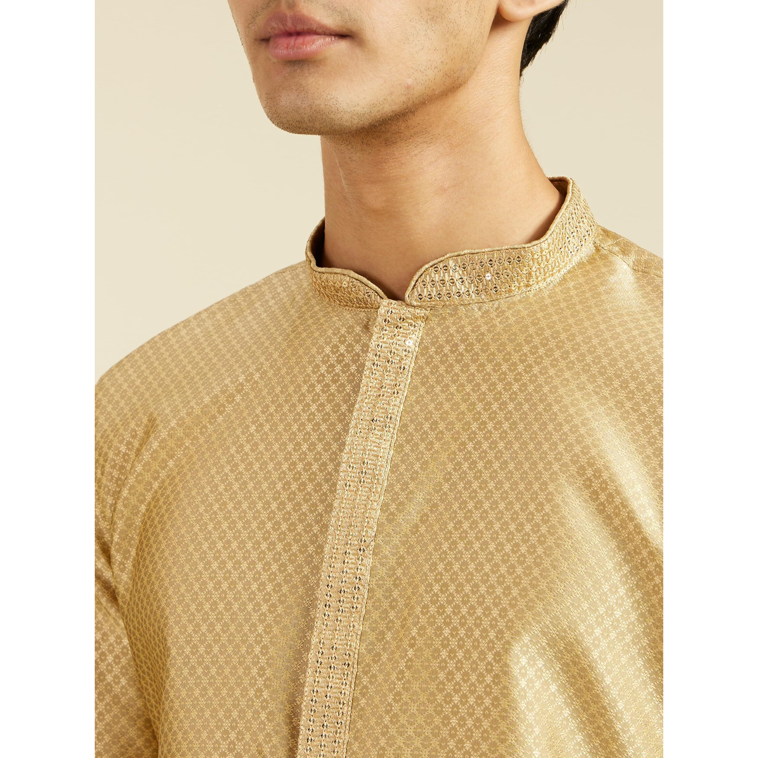 Diwas By Manyavar Men's Art Silk Jacquard| Self Design Kurta (Fawn,Xl)
