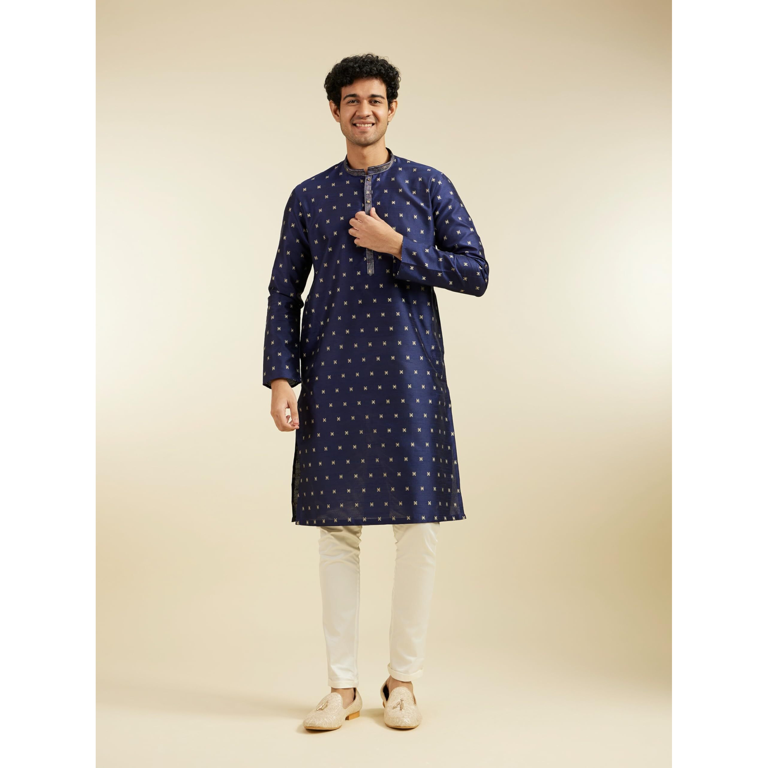 Diwas By Manyavar Men's Art Silk Jacquard| Self Design Kurta (Dark Blue,Xl)