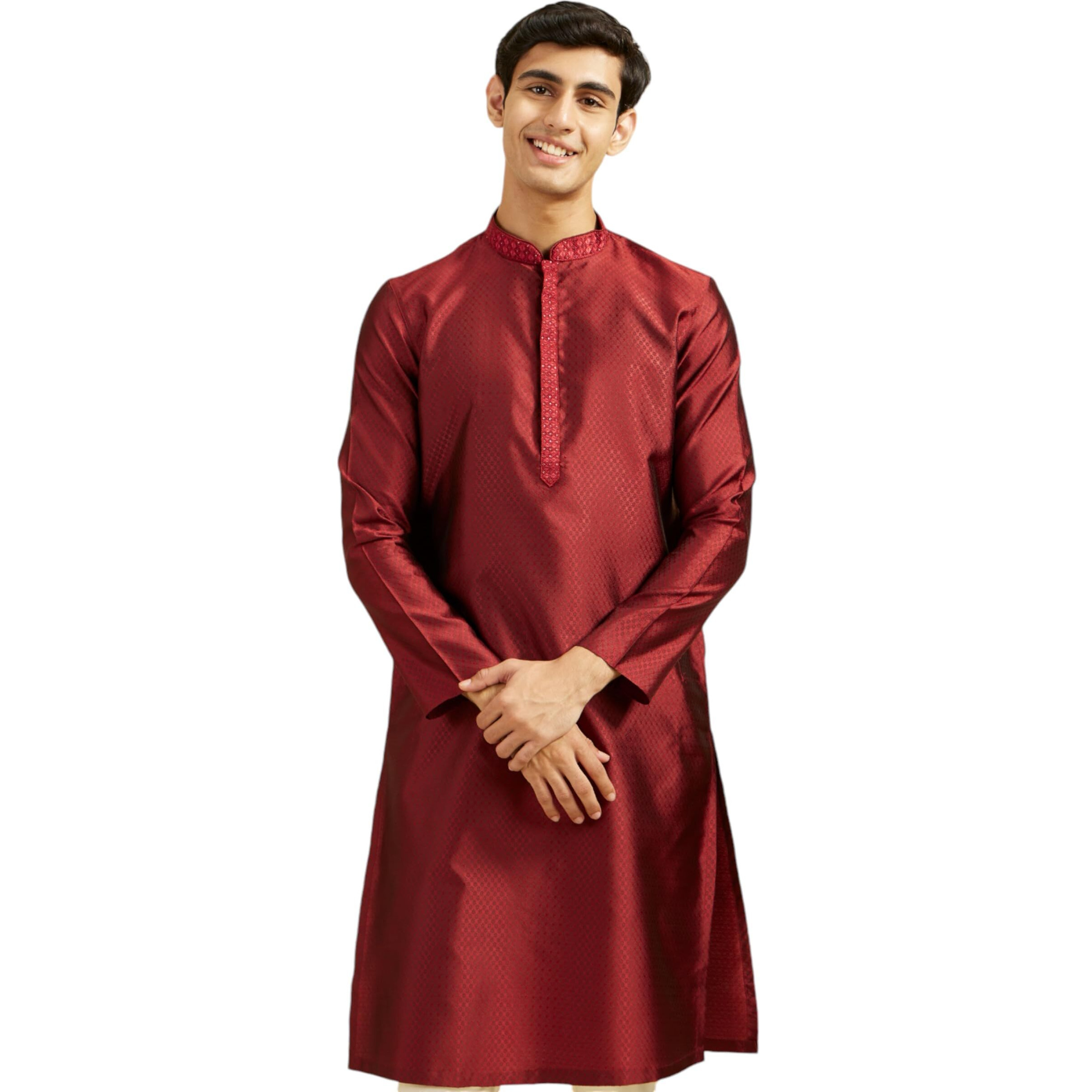 Diwas By Manyavar Men's Art Silk Thread Work Kurta (Maroon,L)