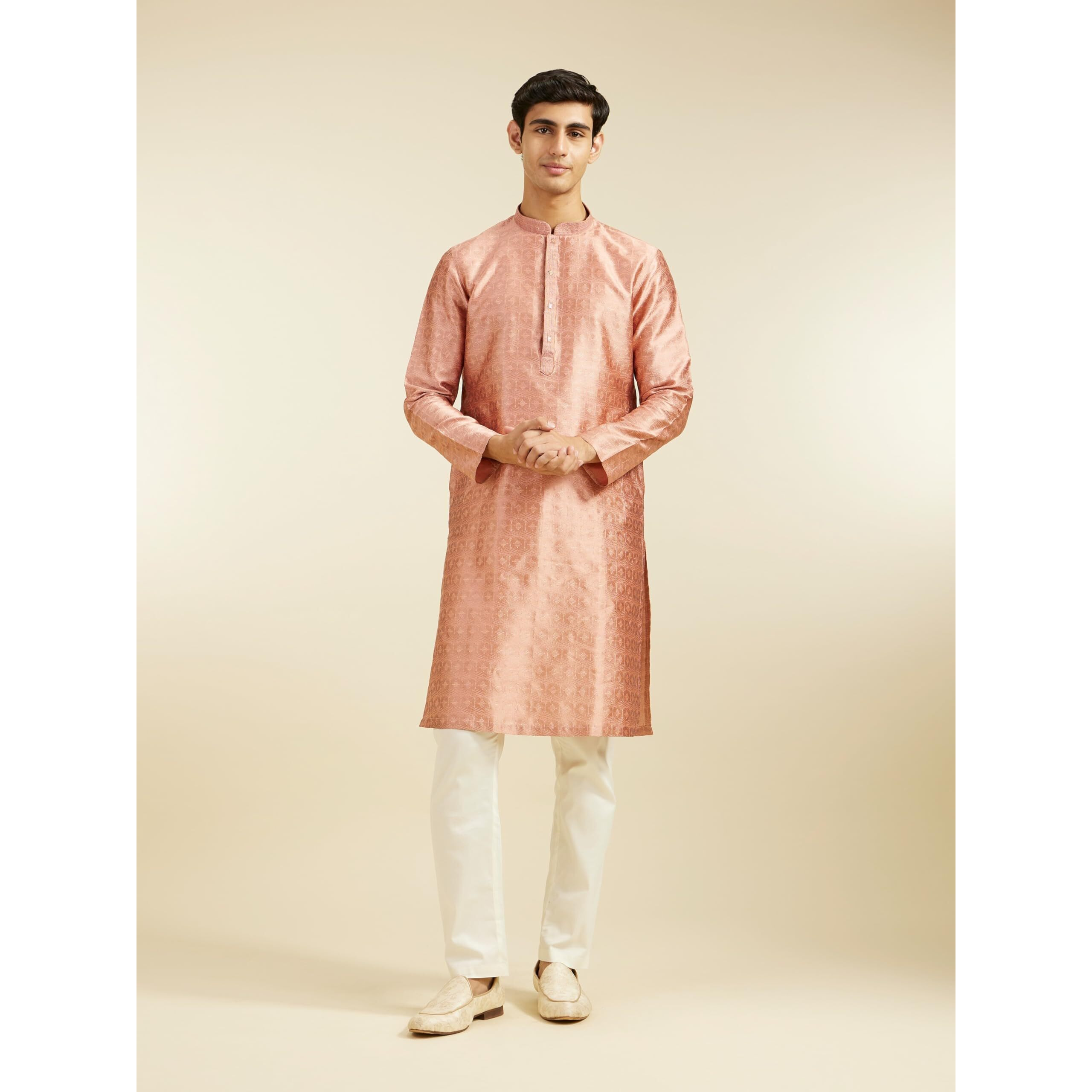 Diwas By Manyavar Men's Art Silk Jacquard| Self Design Kurta (Peach,S)