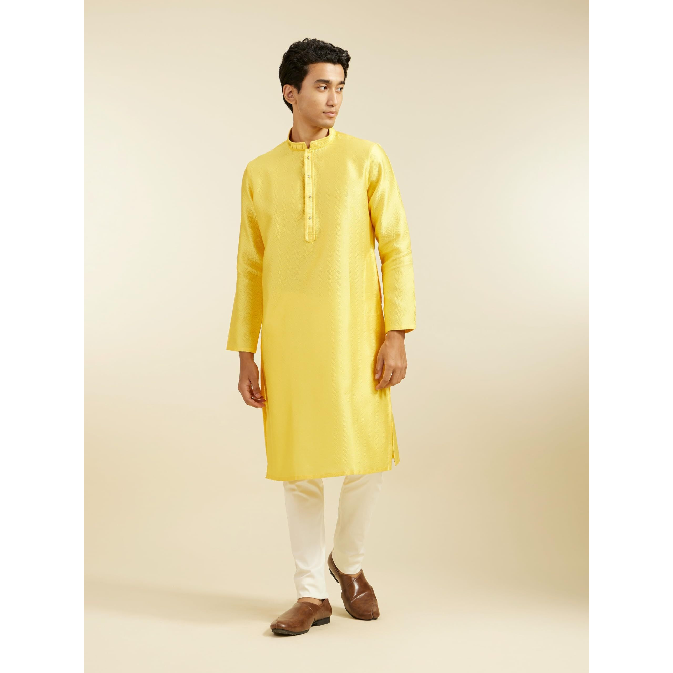 Diwas By Manyavar Men's Art Silk Jacquard Weave Kurta (Yellow,L)