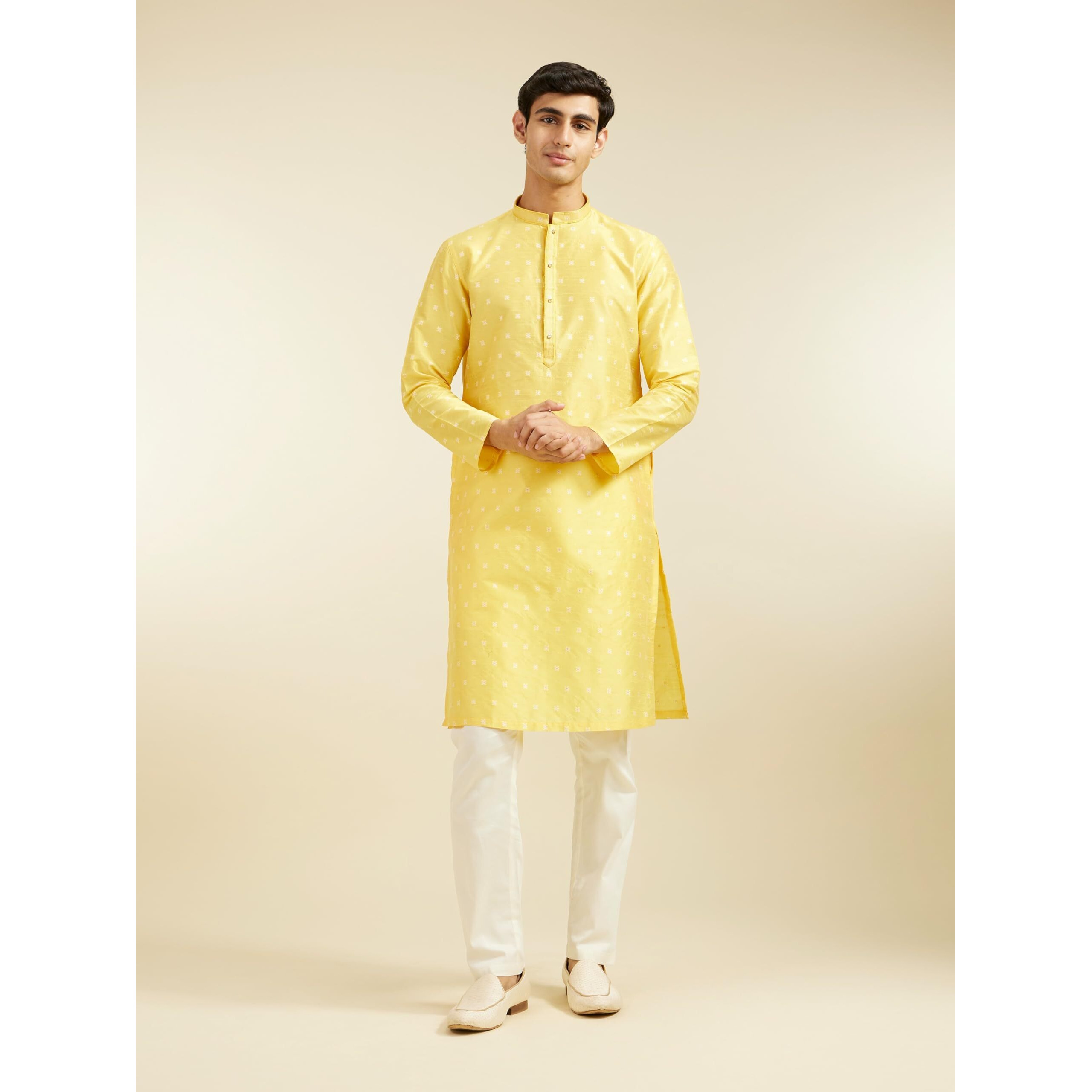 Diwas By Manyavar Men's Art Silk Jacquard Weave Kurta (Yellow,L)