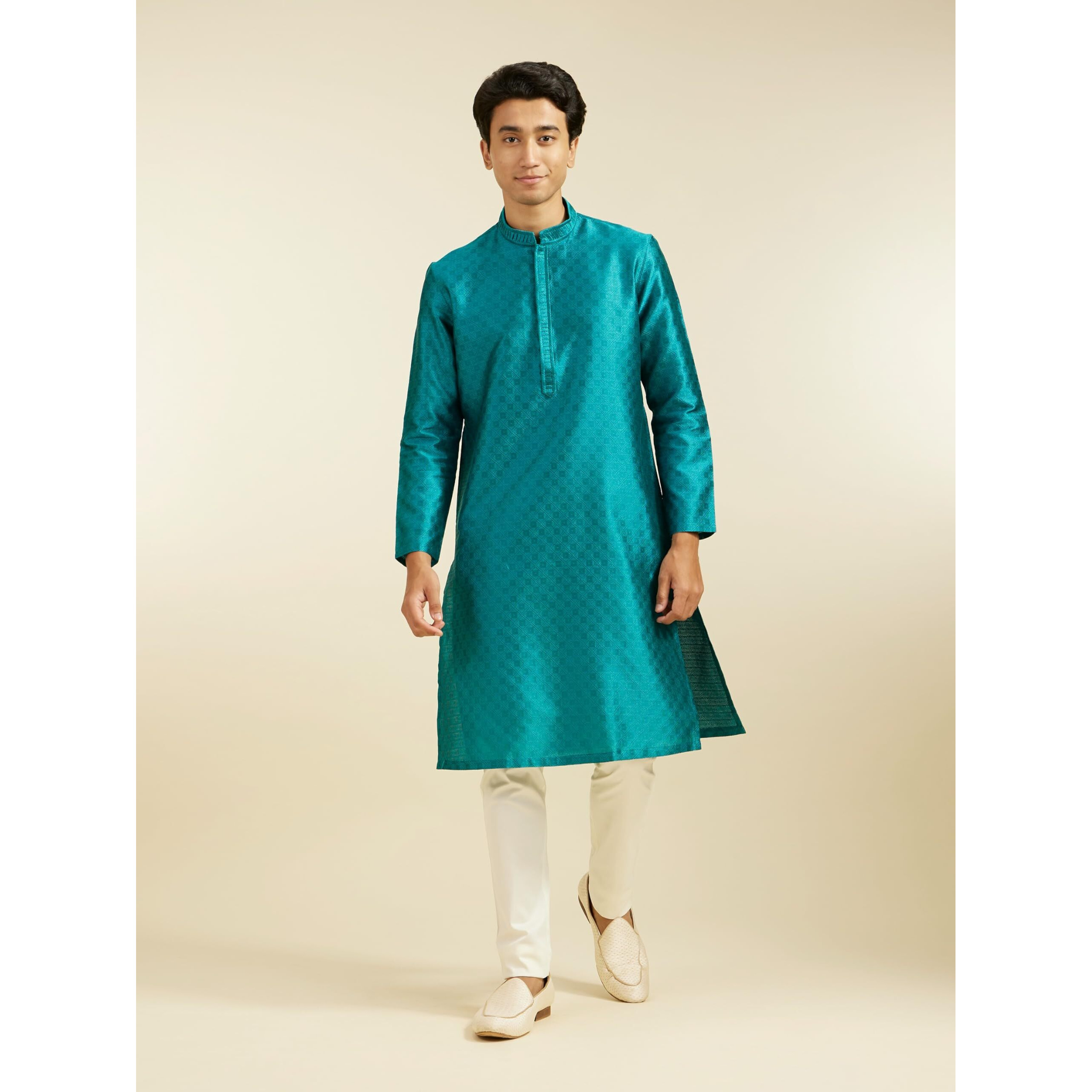Diwas By Manyavar Men's Art Silk Jacquard Weave Kurta (Green,Xxxl)