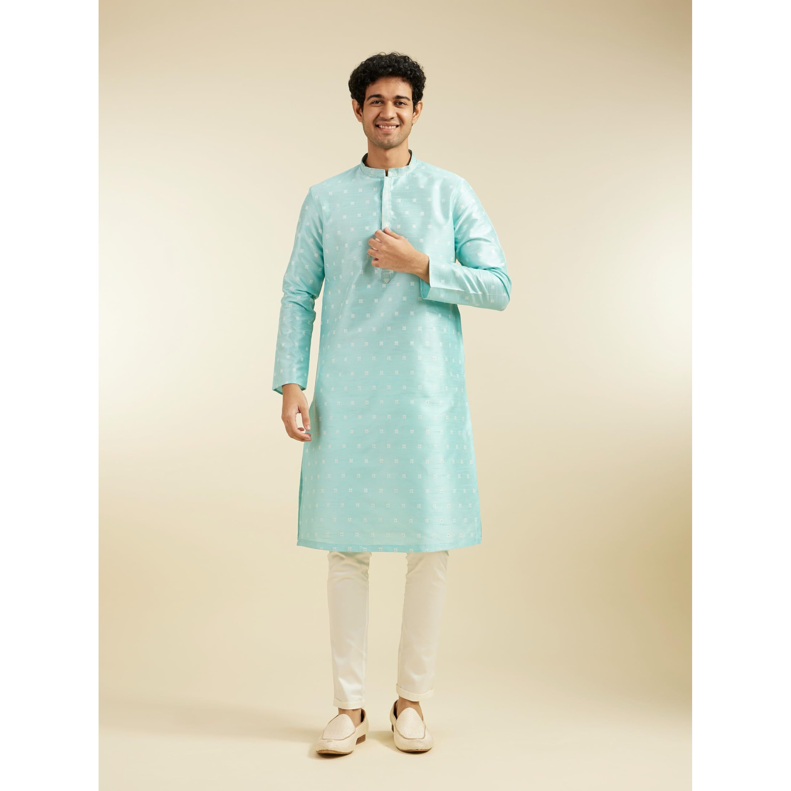 Diwas By Manyavar Men's Art Silk Jacquard| Self Design Kurta (Aqua Green,M)