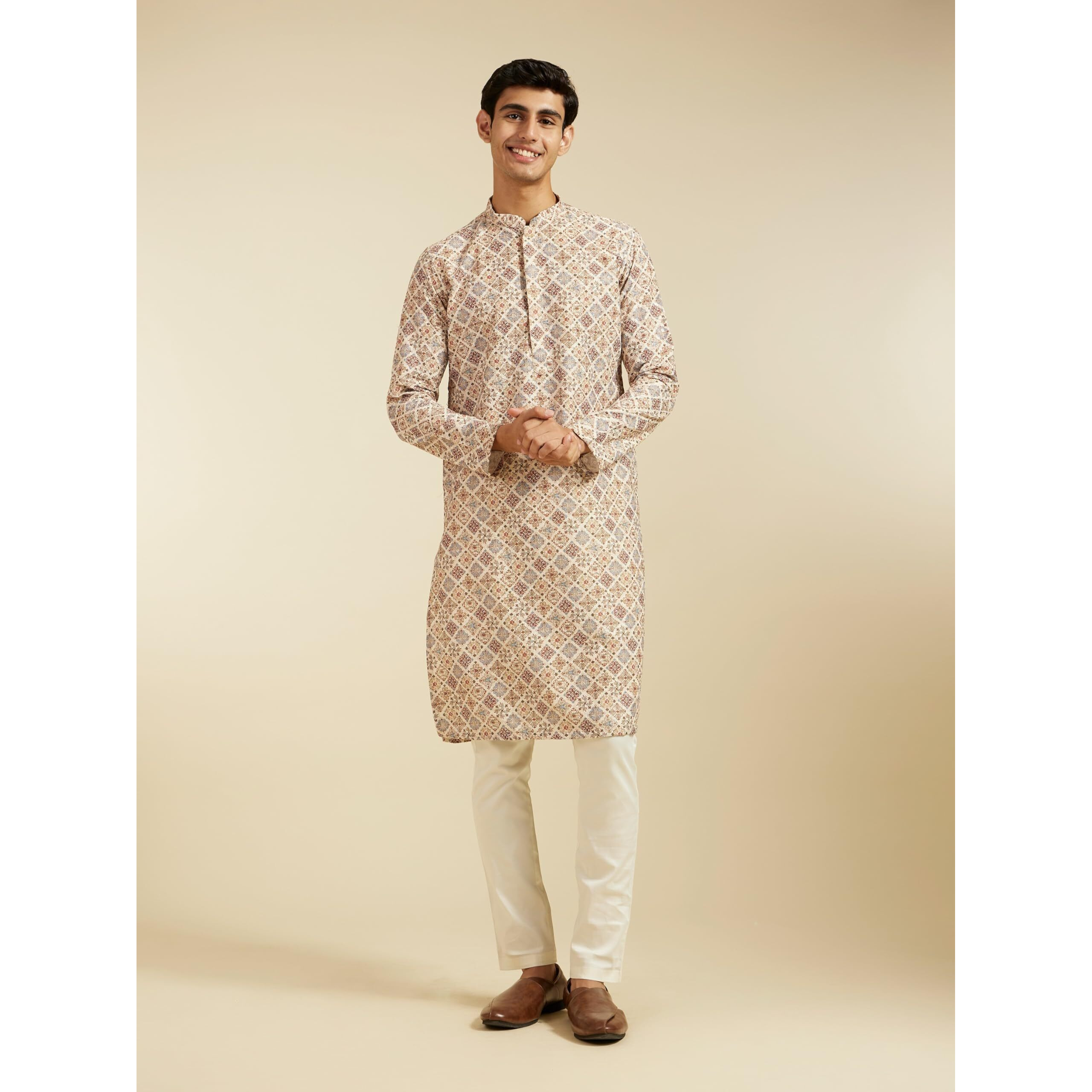Diwas By Manyavar Men's Art Silk Printed Chikankari Kurta (Beige,Xl)