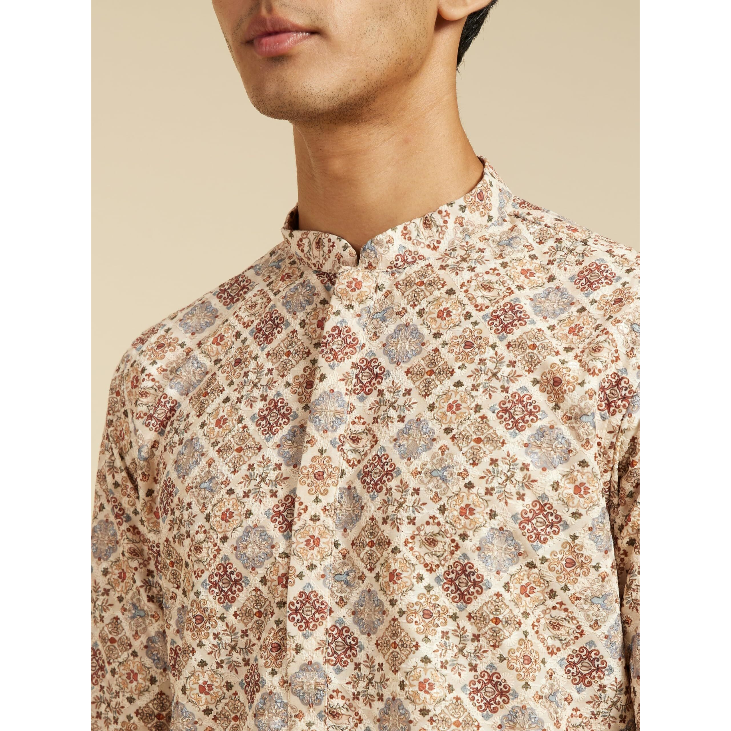 Diwas By Manyavar Men's Art Silk Printed Chikankari Kurta (Beige,Xl)