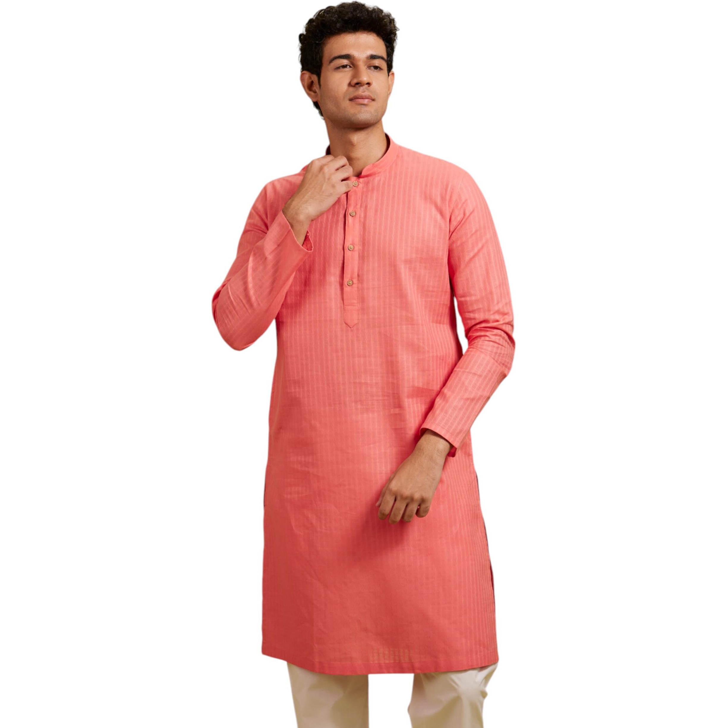 Diwas By Manyavar Men's Cotton Self Design Kurta (Pink,M)
