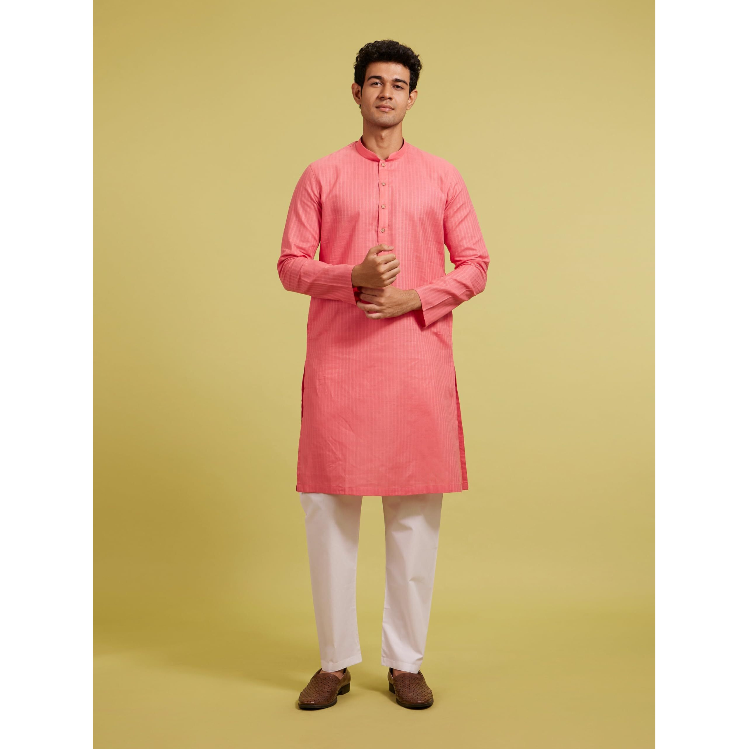 Diwas By Manyavar Men's Cotton Self Design Kurta (Pink,M)