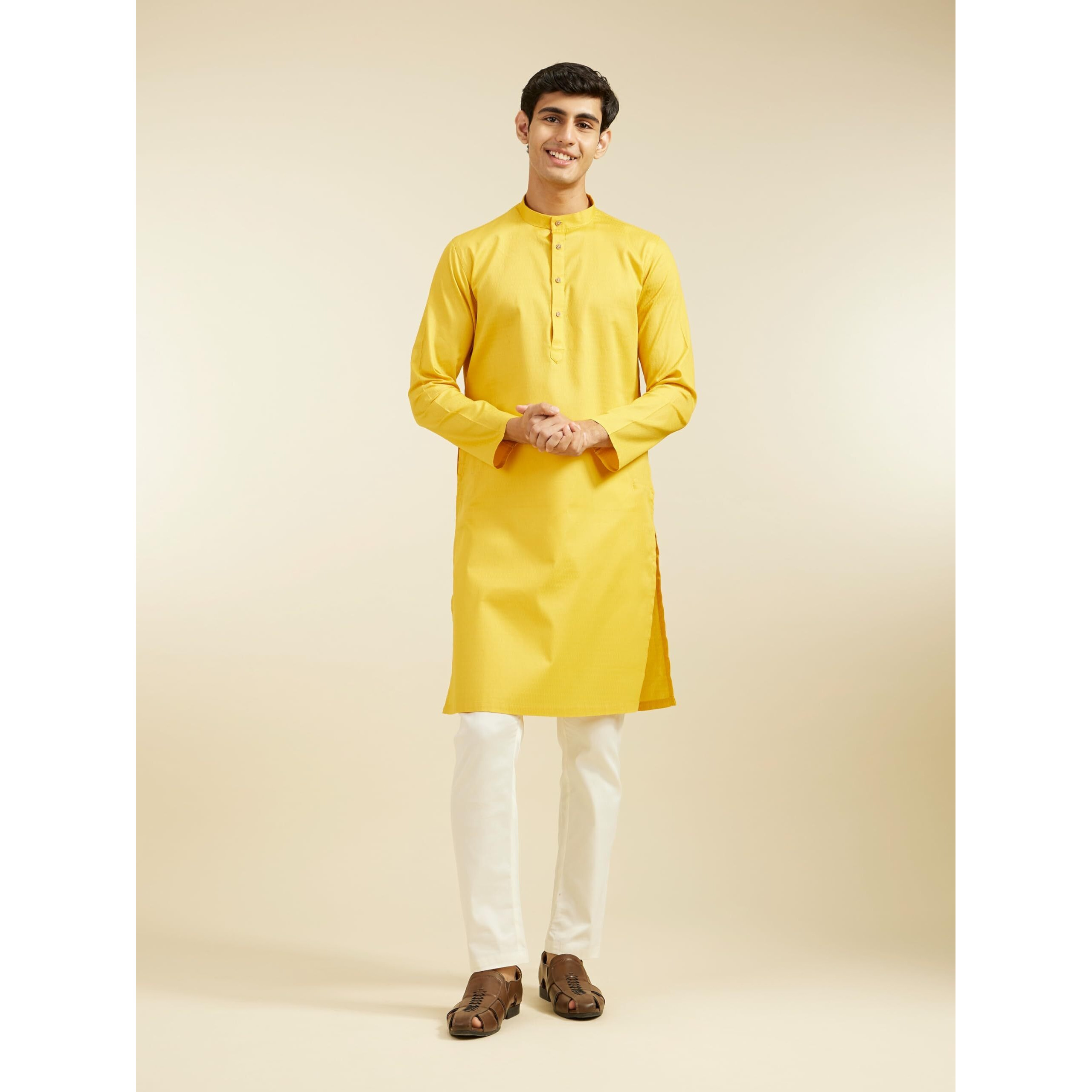 Diwas By Manyavar Men's Cotton Self Design Kurta (Mustard,Xl)