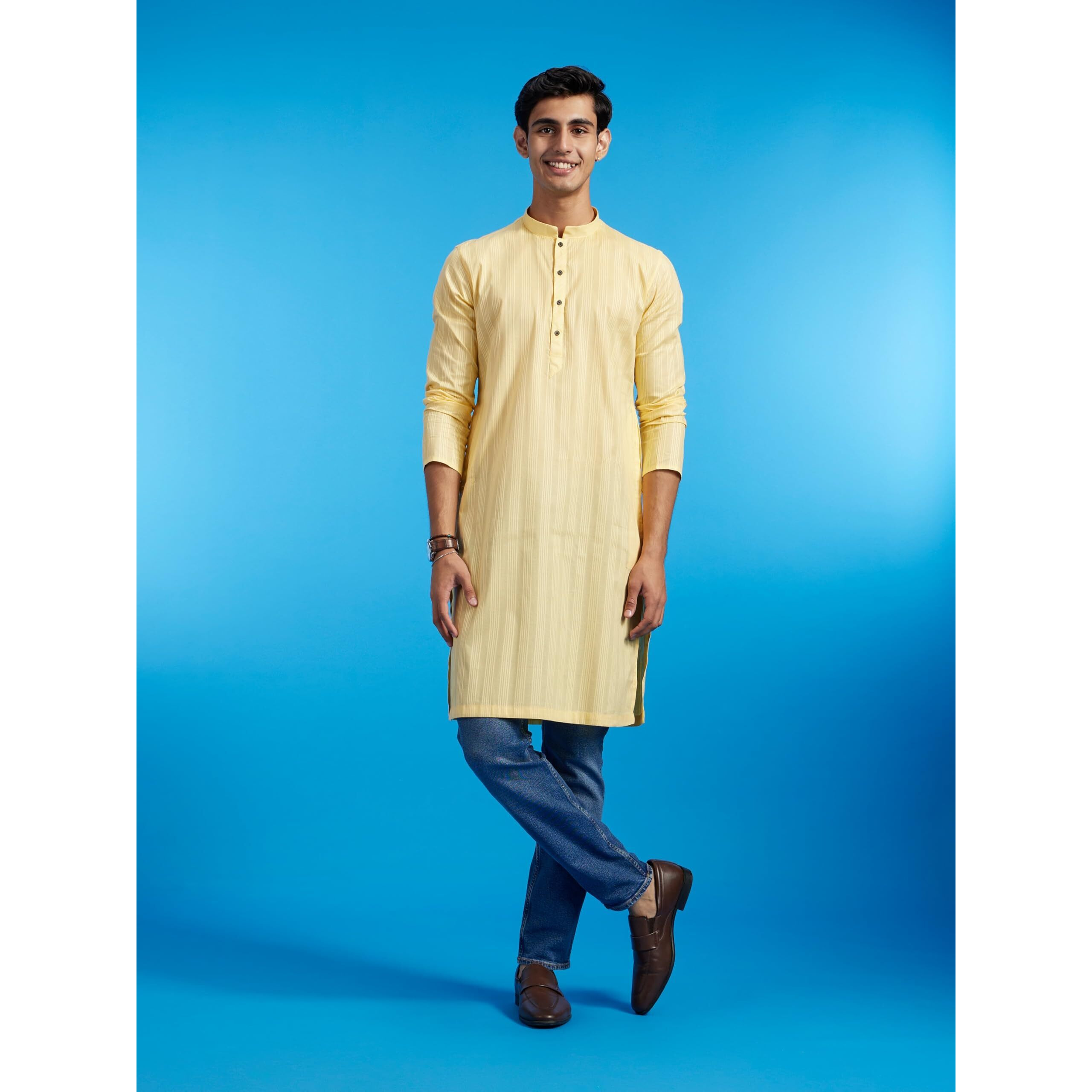Diwas By Manyavar Men's Cotton Self Design Kurta (Yellow,Xl)