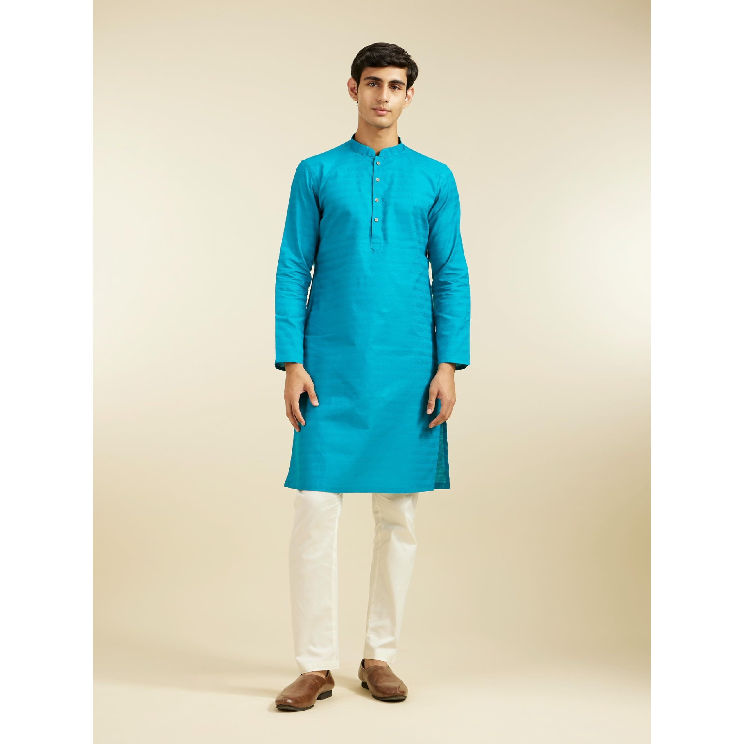 Diwas By Manyavar Men's Cotton Self Design Kurta (Teal Green,M)