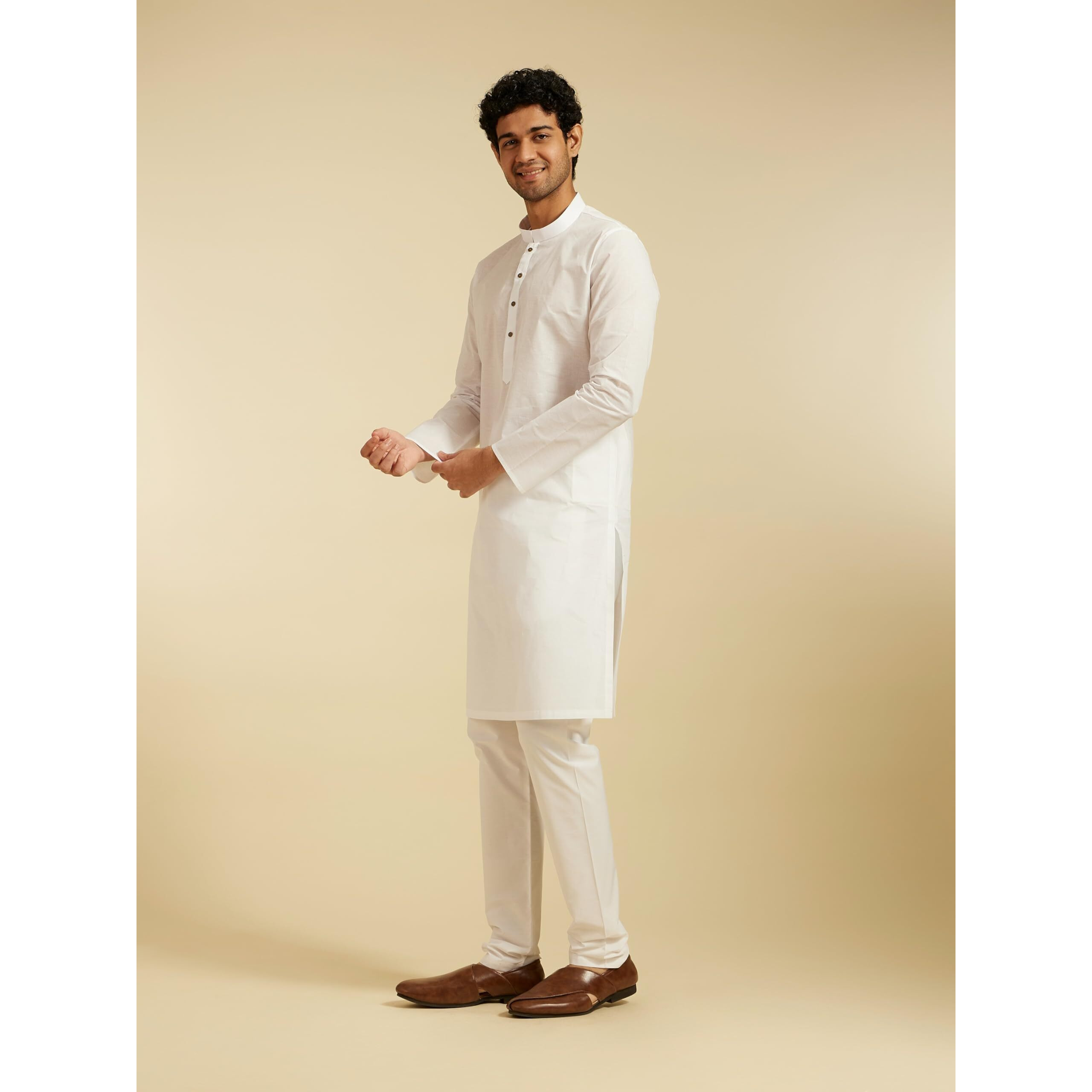 Diwas By Manyavar Men's Cotton Self Design Kurta (White,L)