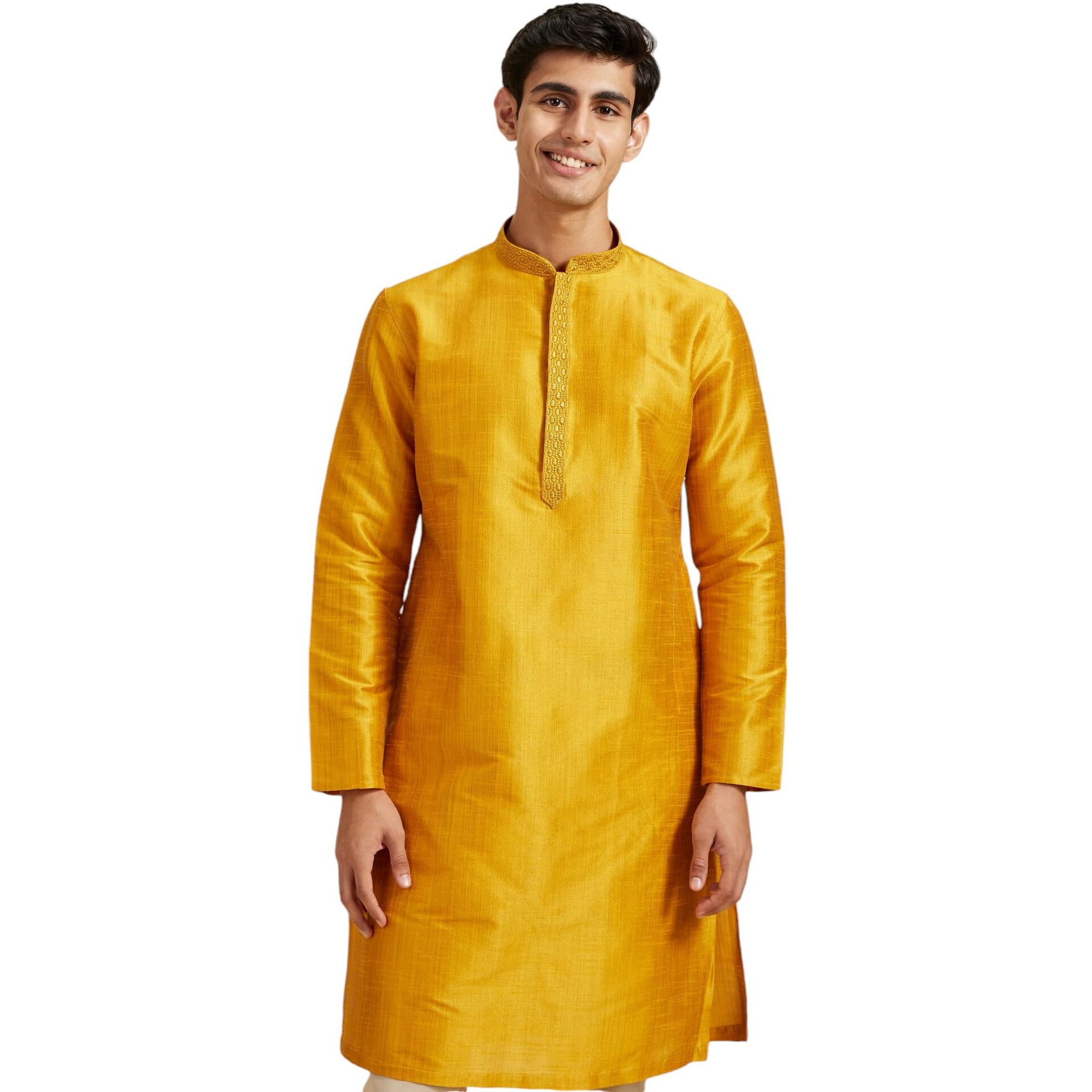 Diwas By Manyavar Men's Art Silk Solid Kurta (Mustard,M)