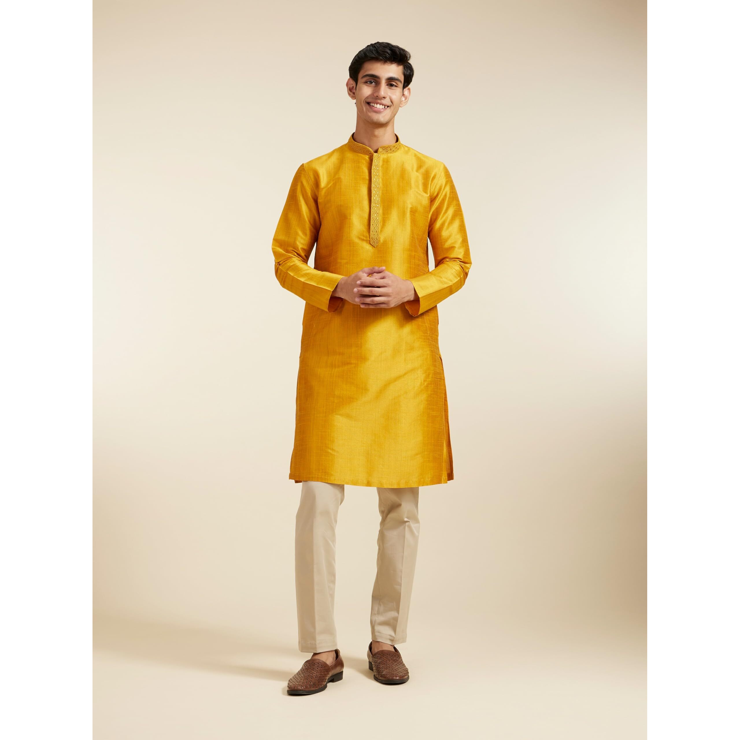 Diwas By Manyavar Men's Art Silk Solid Kurta (Mustard,M)