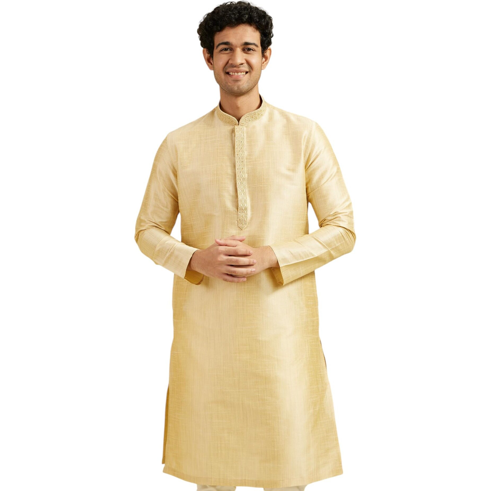 Diwas By Manyavar Men's Art Silk Solid Kurta (Fawn,S)